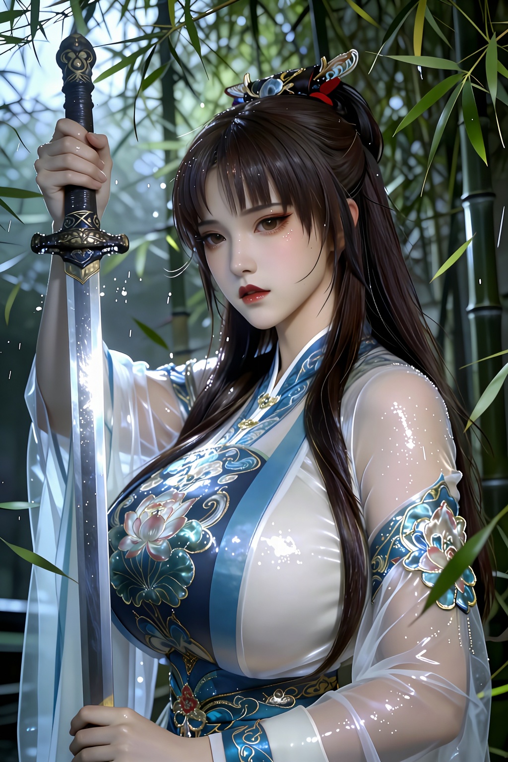 胶片质感,高级感,色彩搭配,电影画面感。真人,肌理感。少女,凌乱美,盘发,钗子。暗纹精美古装,深V,露肩。竹林,竹叶飘落,发丝。湿润的皮肤,有光泽的皮肤。梦幻,幻想,朦胧美,雾蒙蒙,下雨,白天,手提长剑最具艺术感的主光源,塑造强烈的立体感、质感与戏剧性明暗对比必须优化构图。将画面细节提升到摄影级/超写实级。极致渲染关键材质的纹理、反光与透光性。根据图像主题,生成一个和谐且富有情绪的色彩分级,营造出独特的氛围。极致渲染关键材质的纹理、反光与透光性。,DTC不知火