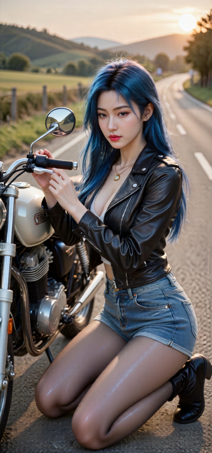 1 girl, Songyu _.Create a serene modern woman inspired crouching gracefully beside her vintage motorcycle on a quiet country road. Her long, silky blue hair falls over her shoulders, catching the warm, golden light of the setting sun. She wears a fitted leather jacket and skinny jeans, paired with ankle boots, exuding effortless cool. Her piercing eyes gaze downward, focused on adjusting the motorcycle’s side mirror, while her lips curve into a subtle, confident smile. The background is a peaceful countryside scene—rolling hills, a winding road, and a golden sky. The camera angle is a close-up, slightly tilted to the side, capturing her focused expression and the intricate details of the motorcycle. Her posture is relaxed yet purposeful, one knee resting on the ground while the other supports her weight, her hands delicately adjusting the mirror.,large natural breast,,ddw,shiny pantyhose,glossy_pantyhose,aurora_glossy_pantyhose,FFSZ,FFSZ,FFSZ,Songyu_