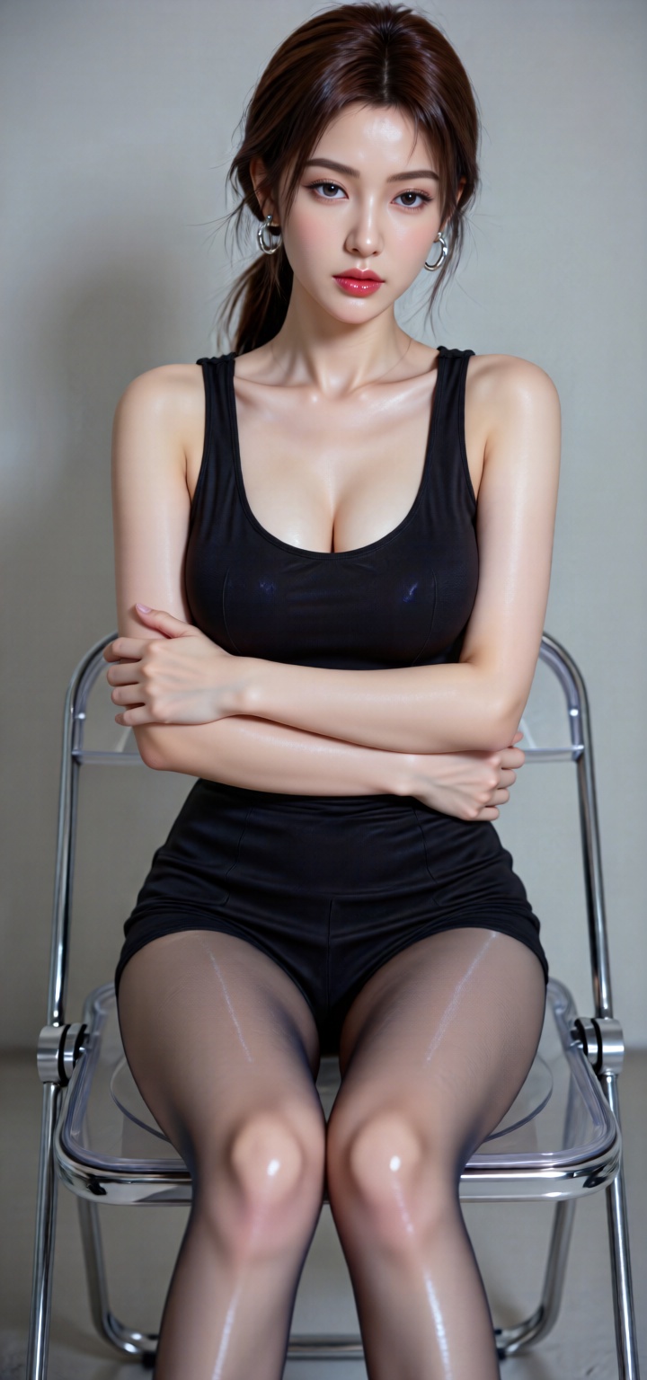 FFSZ, aurora_glossy_pantyhose. 8K, ultra clear, aurora_glossy_pantyhose Subject description: Young woman with neatly tied brown hair, exquisite makeup, and silver hoop earrings. ,large natural breast is wearing a black tight-fitting sleeveless jumpsuit with flesh-colored stockings. Her skin is fair, her legs are close together and her knees are bent, her arms are wrapped around her calves, her posture is elegant and relaxed, and her eyes are looking at the camera calmly. Environmental background: pure light gray background wall, simple and without unnecessary decoration. Light: Soft and even side backlighting outlines the contours of the body, forming delicate highlights on the shoulders and legs. The dark parts transition naturally, highlighting the texture of the skin and clothing. Rendering: Highly realistic rendering, the elastic fabric texture of the jumpsuit and the smooth texture of the skin are clearly visible. Color: mainly black, light gray, skin color, low saturation and high-end color matching. Composition: The character is sitting on a transparent folding chair, located in the center of the picture. His limbs are in compact and elegant curves. The lines of the chair assist in balancing the composition. Shooting angle: flat shot, with a slight downward angle, fully showing the character's posture and clothing details. Filter: Fashion magazine cool filter, the tone is clear and cool gray. The overall picture has high-definition contrast and reasonable lighting. HD Blu-ray quality. Ultra HD rendering. Lips are glossy and moist, skin is high-gloss, the picture is luminous, ultra-high-definition and high-quality masterpieces, the picture is clear, surpassing the rendering accuracy of game engines, real and delicate skin texture, master-level film and television-level image standards, hyper-realism, real rendering, real light and shadow. Bright, glamorous, cool colors, lifelike, HDR, three-dimensional, virtual engine ultra-clear rendering. Master-level picture construction, ultra-clear, ultra-high-definition resolution, professional photography lighting, and full-frame clear focus make the image reach 32K wallpaper-level texture. 3D rendering, anime-realistic hybrid style, surrealism. She has a perfect figure, plump and curvy, which adds a soft charm to the overall figure. She is confident and calm, exuding the charming temperament of a 22-year-old woman. Almond eye shape with oriental characteristics, graceful and smooth eye contour. Her long hair flutters in the wind. Eliminate all negative factors that affect clarity, use the best light and shadow effects, clearly defined and long eyelashes, highly saturated water-gloss lip glaze, and use the most advanced technology to reduce noise, eliminate aliasing and anti-blur to achieve the ultimate ultra-clear work. Photography parameters: Canon EOS R5, 50mm fixed focus lens, shutter 1/125s, aperture f/4, ISO 100. Post-production and texture: fine-tune the color contrast, enhance the sharpness of the edges of clothing, retain the natural luster of the skin, and create a high-end texture of a minimalist fashion photo. Photography parameters: Canon EOS R5, 50mm fixed focus lens, shutter 1/125s, aperture f/4, ISO 100. Post-production and texture: fine-tune the color contrast, enhance the sharpness of the edges of clothing, retain the natural luster of the skin, and create a high-end texture of a minimalist fashion photo. photo taken with a Canon EOS R6 Mark II Mirrorless camera in the style of 35mm f/8 aperture,shiny pantyhose,aurora_glossy_pantyhose,large natural breast,soft breasts,dlrb.,Songyu_