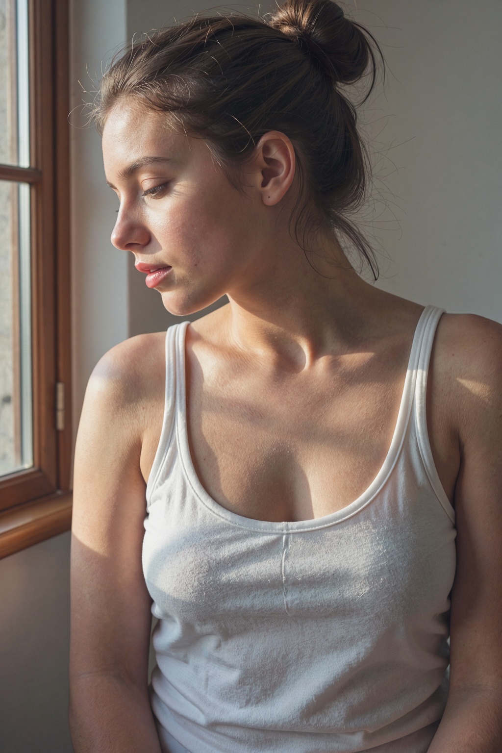 Photorealistic intimate portrait of an ***** woman in her mid-20s to early-30s with natural proportions and warm light olive skin tone, seated beside a window with her body angled slightly away from the camera and her face turned in profile toward the light, eyes gently closed or half-closed with a calm introspective expression, dark brown hair loosely gathered into a soft messy bun with a few natural strands falling around the face and neck, no visible heavy makeup, skin rendered with realistic micro-texture including pores, fine vellus hair, and subtle tonal variation, natural lips with soft sheen and no harsh definition. She wears a simple lightweight off-white cotton **** top with thin straps, slightly wrinkled fabric showing realistic folds and soft translucency at highlights, neckline relaxed and natural against the collarbone and shoulder.  The environment is a quiet interior corner by a window with wooden framing, warm sunlight streaming in from camera right casting strong directional golden hour light across her face, neck, and upper chest, creating a dramatic interplay of light and shadow with defined highlights along the cheekbone, nose bridge, and collarbone, and deep soft shadows falling across the far side of her face and torso, subtle reflected bounce light from nearby surfaces, background softly blurred with hints of textured wall and window frame. Composition is a medium close-up from chest to head, slightly off-center framing with negative space toward the light source, emphasizing the profile silhouette and the sculpting of light across her features.  Shot on a full-frame camera with an 85mm lens, shallow depth of field around f/1.8 to f/2.2 keeping the eye line, nose, and lips in crisp focus while the background and far shoulder fall into gentle blur, cinematic natural color grading with warm amber highlights and neutral shadows, high dynamic range preserving detail in both highlights and shadows, physically accurate light falloff and skin response with subtle subsurface scattering, realistic fabric texture and shadowing, no artificial smoothing, no distortion, no anatomical errors, clean natural hands and shoulders, grounded realism, soft filmic contrast, ultra-high detail, 8K resolution.    