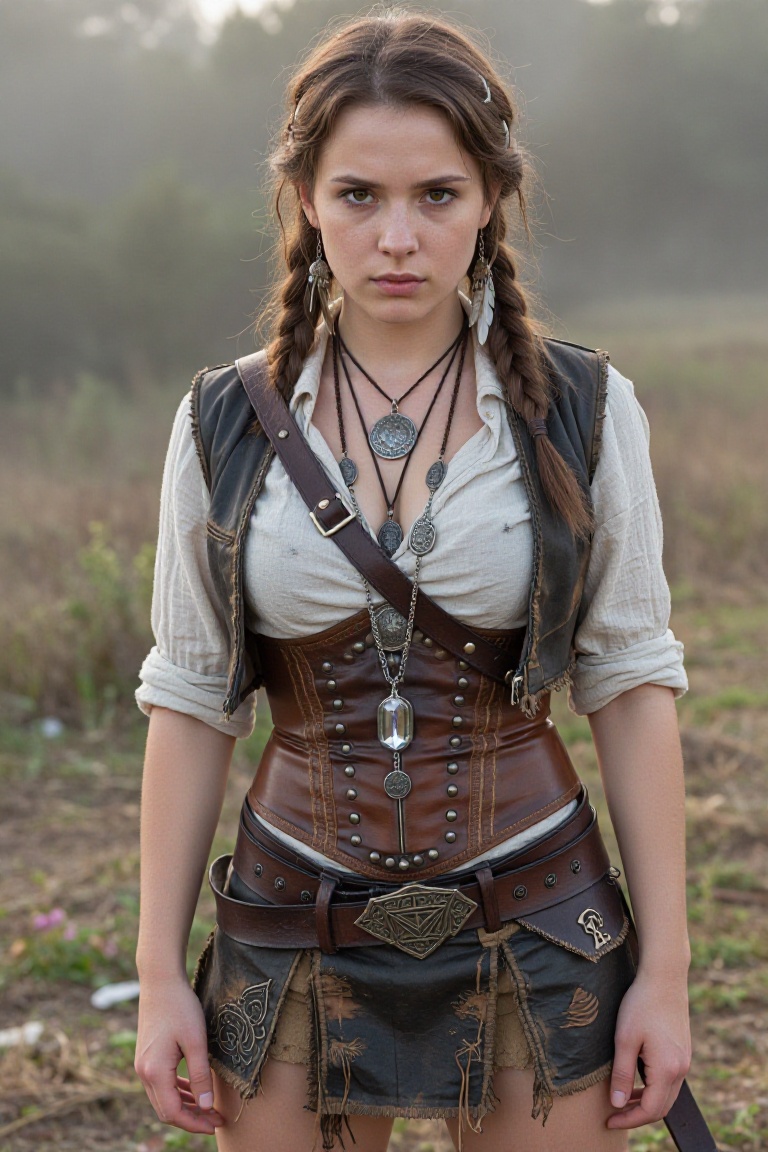 Camera: Medium close-up portrait shot from eye-level perspective with shallow depth of field blurring the background into soft bokeh.
Subject: Alina, 21-year-old, European, heart-shaped face with high cheekbones and sharp jawline, delicate facial features including a small button nose and full lips, slender and elongated body proportions with long limbs, fine wavy hair texture in rich brown color, highly detailed skin texture showing natural pores and subtle freckles across the nose, warm peachy skin tone with a soft golden tint, distinctive natural physical traits of very thin wrists and ankles.
Clothing: Layered dark leather vest with frayed edges and distressed textures over a tattered off-white linen blouse, rugged brown leather corset-style bodice adorned with metal studs and rivets, textured fabric layers creating depth around the torso, fitted sleeves with rolled-up cuffs revealing inner lining, weathered material appearance suggesting travel and adventure.
Accessories: Intricate silver hairpins shaped like crescent moons woven into braided hairstyle, dangling feather earrings made of metallic chains and organic feathers, ornate necklace featuring a large circular pendant with engraved patterns hanging from the neck, leather straps crossing the chest secured by embossed metal buckles, multiple pendants including a rectangular crystal-like charm and round medallions suspended on thin chains, wide brown leather belt at waist with triangular metal emblem.
Pose: Standing upright facing slightly toward camera with direct gaze, shoulders relaxed but squared forward, arms hanging naturally at sides with hands loosely clenched near hips, long legs positioned close together in a grounded stance, head tilted subtly to one side creating asymmetry, body occupying central frame space with slight lean into the composition.
Expression: Intense focused gaze directed straight ahead through parted eyelashes, lips pressed together in a firm thin line forming a determined expression, eyebrows slightly furrowed indicating concentration or seriousness, eyes reflecting light sources giving them depth and intensity, subtle tension around mouth corners suggesting resolve rather than emotion.
Environment: Misty outdoor landscape with muted earth tones dominating the background, soft diffused natural lighting filtering through atmospheric haze creating gentle shadows on face, warm golden hour sunlight illuminating one side of subject while other remains in shadow, color grading leaning toward desaturated greens and browns with hints of amber highlights, depth created by blurred vegetation suggesting open field or forest edge setting.
Mood: Cinematic fantasy atmosphere blending raw natural beauty with rugged survivalist elegance, psychological tone conveying strength mixed with vulnerability, emotional resonance of ancient warrior spirit meeting modern sensuality, visual feeling of timeless adventure captured in a single moment of quiet intensity.
   