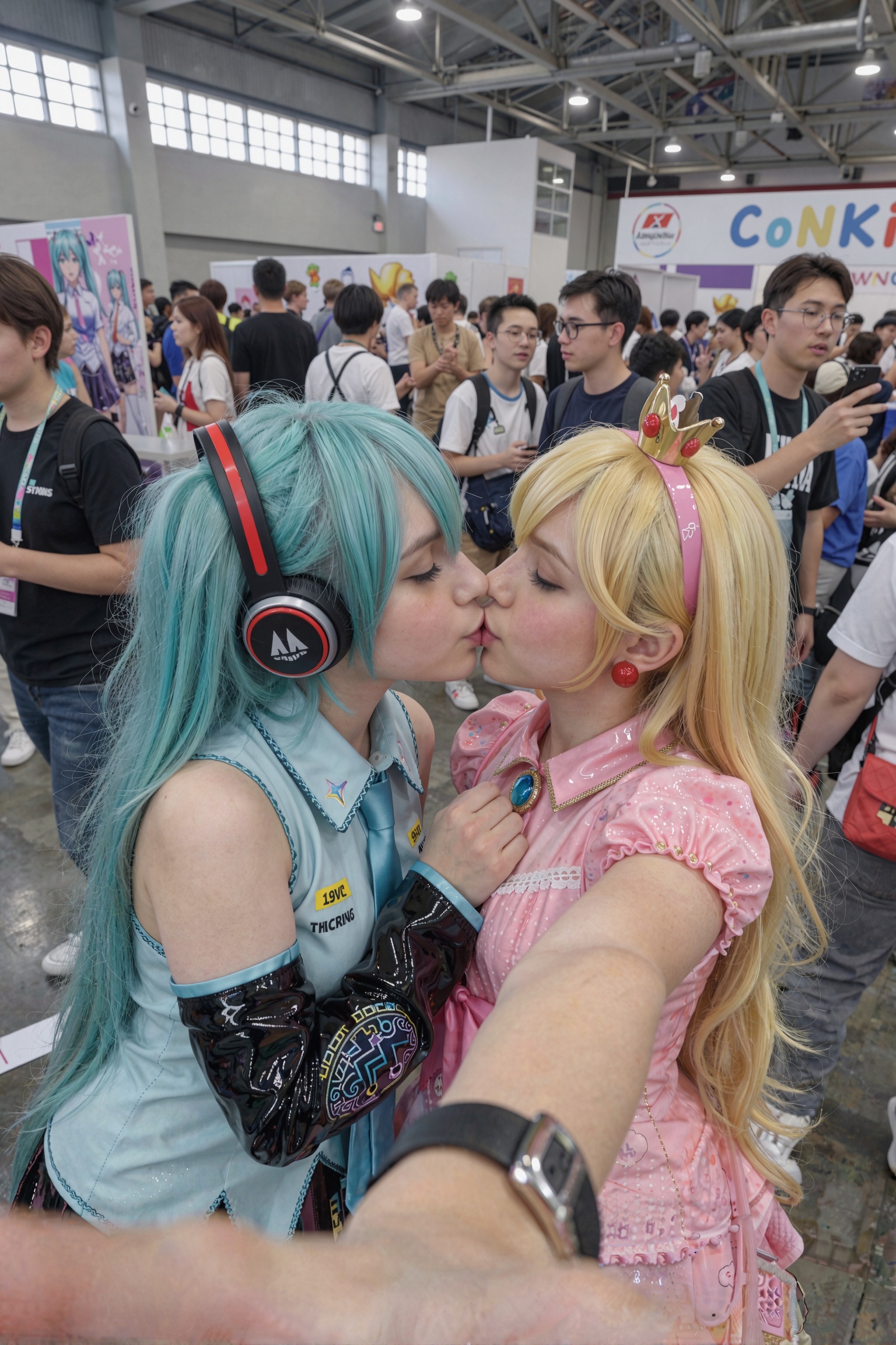 Late Night Comic-Con In the venue, ******* selfie style, two cute Japanese girls are kissing. On the left is the Hatsune Miku cosplayer, an 18-year-old pure Japanese girl with long turquoise ponytails, wearing black red-edged Hatsune Miku headphones, a light blue sleeveless shirt with a cyan tie, long black glossy gloves, and a Hatsune Miku badge on her right chest; on the right Princess Peach cosplayer is an 18-year-old sweet Japanese girl with long blond hair wearing a pink headband and a small crown. She is wearing a pink fluffy princess dress with blue gemstones on her chest. She has a pink bow around her waist and large red round earrings. The two are facing each other and kissing deeply with their eyes closed. Their lips are tightly pressed together. Their eyes are gentle and their cheeks are slightly red. The background is lively. At the Comic-Con venue, the crowds and booths are slightly blurred. The front camera of the mobile phone takes a selfie with high ISO quality, slight graininess, natural vignetting, slight motion blur, and slight color cast. It is a real ******* exhibition selfie style, with photographic details and surreal realism.