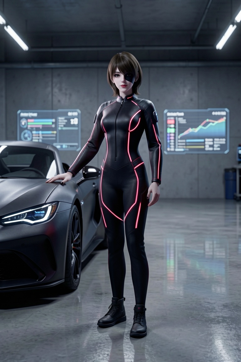 Shirley Ace — high-end Ace Racer 3D character,  sleek minimalist racing suit in matte obsidian black with razor-thin neon...