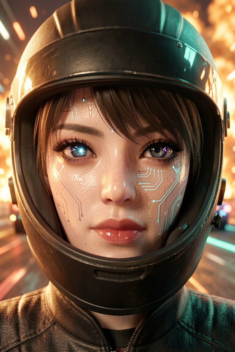 Extreme close-up portrait of Shirley Ace — Ace Racer premium 3D game character,  hyper-detailed facial render,  racing hel...