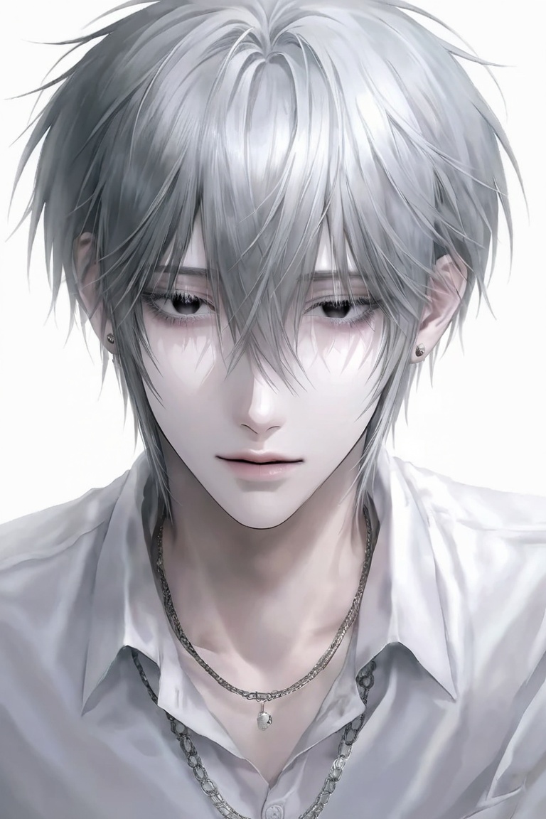 A high-detail digital illustration depicts a young man in an anime style,  characterized by a stark monochromatic color pa...