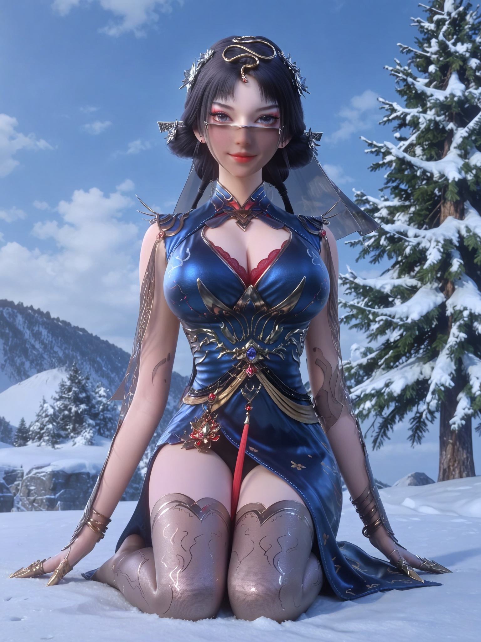 score_9,score_8_up,score_7_up,masterpiece,(best quality),(intricate details:0.9) BREAK (intricate details:0.9),(realistic skin:1.2),masterpiece,best quality,newest,absurdres,hiahres,1girl,jewelry,hair ornament,dress,necklace,lips,eyeshadow,bracelet,tassel,(8k ultra-clear, pony style),photo pose 0.6, micro-expression: soft smile 0.3, half-body + medium shot 0.7,1girl,looking_at_viewer,1boy,hair,realistic,photorealistic,Vivid Colors,bright environment,shiny skin,shiny hairjewelry,detail eyes,Eyes highlights,glowing,sunshine,bright,reflection,bright,sunshine on face,shiny,shinny,petite,thin,leg slimming,lose weight,slim hips,lakeside,delicate water,reflection,(full body:1.2)sitting_down,eyelashes,snow,Winter,Snowy landscape,Snow accumulation,Christmas tree,(huge breasts:1),(veil:1.2),thighhighs,