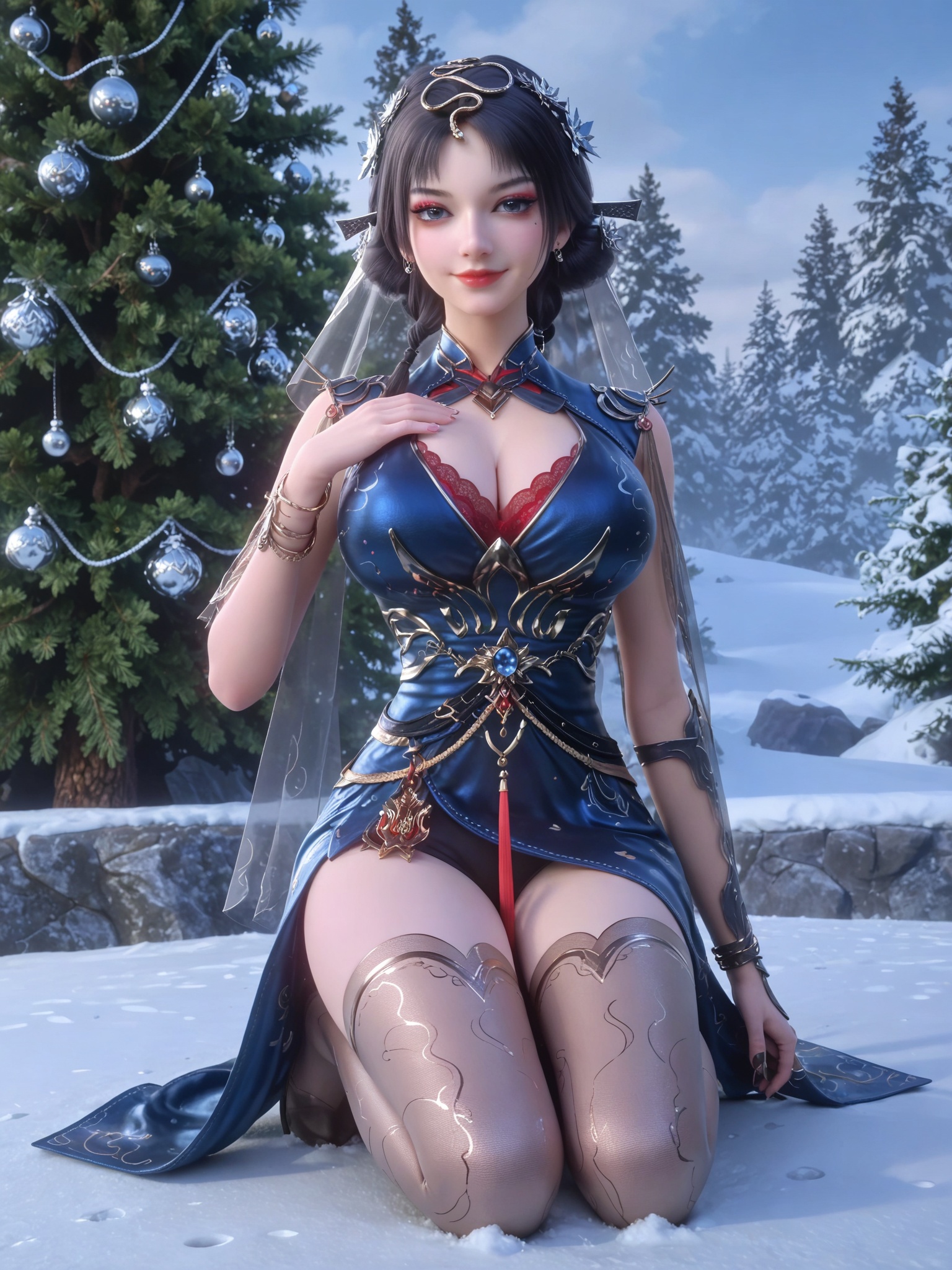 score_9,score_8_up,score_7_up,masterpiece,(best quality),(intricate details:0.9) BREAK (intricate details:0.9),(realistic skin:1.2),masterpiece,best quality,newest,absurdres,hiahres,1girl,jewelry,hair ornament,dress,necklace,lips,eyeshadow,bracelet,tassel,(8k ultra-clear, pony style),photo pose 0.6, micro-expression: soft smile 0.3, half-body + medium shot 0.7,1girl,looking_at_viewer,1boy,hair,realistic,photorealistic,Vivid Colors,bright environment,shiny skin,shiny hairjewelry,detail eyes,Eyes highlights,glowing,sunshine,bright,reflection,bright,sunshine on face,shiny,shinny,petite,thin,leg slimming,lose weight,slim hips,lakeside,delicate water,reflection,(full body:1.2)sitting_down,eyelashes,snow,Winter,Snowy landscape,Snow accumulation,Christmas tree,(huge breasts:1),veil,thighhighs,