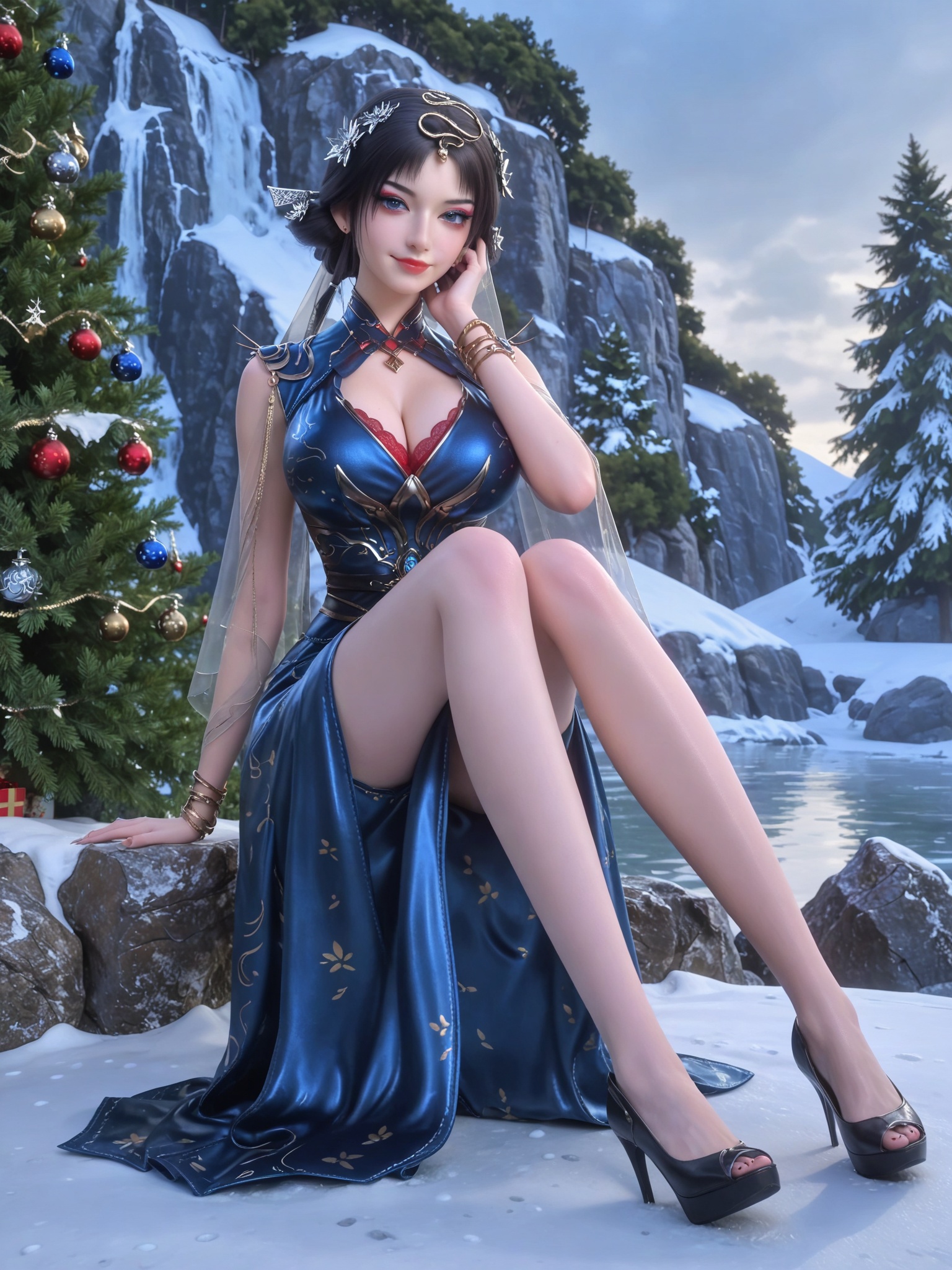 score_9,score_8_up,score_7_up,masterpiece,(best quality),(intricate details:0.9) BREAK (intricate details:0.9),(realistic skin:1.2),masterpiece,best quality,newest,absurdres,hiahres,1girl,jewelry,hair ornament,dress,necklace,lips,eyeshadow,bracelet,tassel,(8k ultra-clear, pony style),photo pose 0.6, micro-expression: soft smile 0.3, half-body + medium shot 0.7,1girl,looking_at_viewer,1boy,hair,realistic,photorealistic,Vivid Colors,bright environment,shiny skin,shiny hairjewelry,detail eyes,Eyes highlights,glowing,sunshine,bright,reflection,bright,sunshine on face,shiny,shinny,petite,thin,leg slimming,lose weight,slim hips,lakeside,delicate water,reflection,(full body:1.2)sitting_down,eyelashes,snow,Winter,Snowy landscape,Snow accumulation,Christmas tree,(huge breasts:1),veil,highheels,