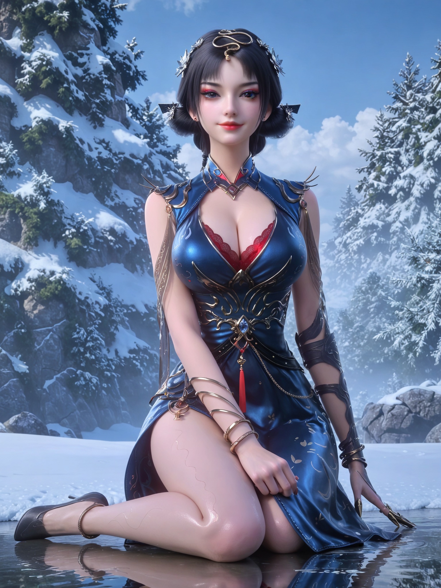 score_9,score_8_up,score_7_up,masterpiece,(best quality),(intricate details:0.9) BREAK (intricate details:0.9),(realistic skin:1.2),masterpiece,best quality,newest,absurdres,hiahres,1girl,jewelry,hair ornament,dress,necklace,lips,eyeshadow,bracelet,tassel,(8k ultra-clear, pony style),photo pose 0.6, micro-expression: soft smile 0.3, half-body + medium shot 0.7,1girl,looking_at_viewer,1boy,hair,realistic,photorealistic,Vivid Colors,bright environment,shiny skin,shiny hairjewelry,detail eyes,Eyes highlights,glowing,sunshine,bright,reflection,bright,sunshine on face,shiny,shinny,petite,thin,leg slimming,lose weight,slim hips,lakeside,delicate water,reflection,(full body:1.2)sitting_down,eyelashes,snow,Winter,Snowy landscape,Snow accumulation,Christmas tree,(huge breasts:1),