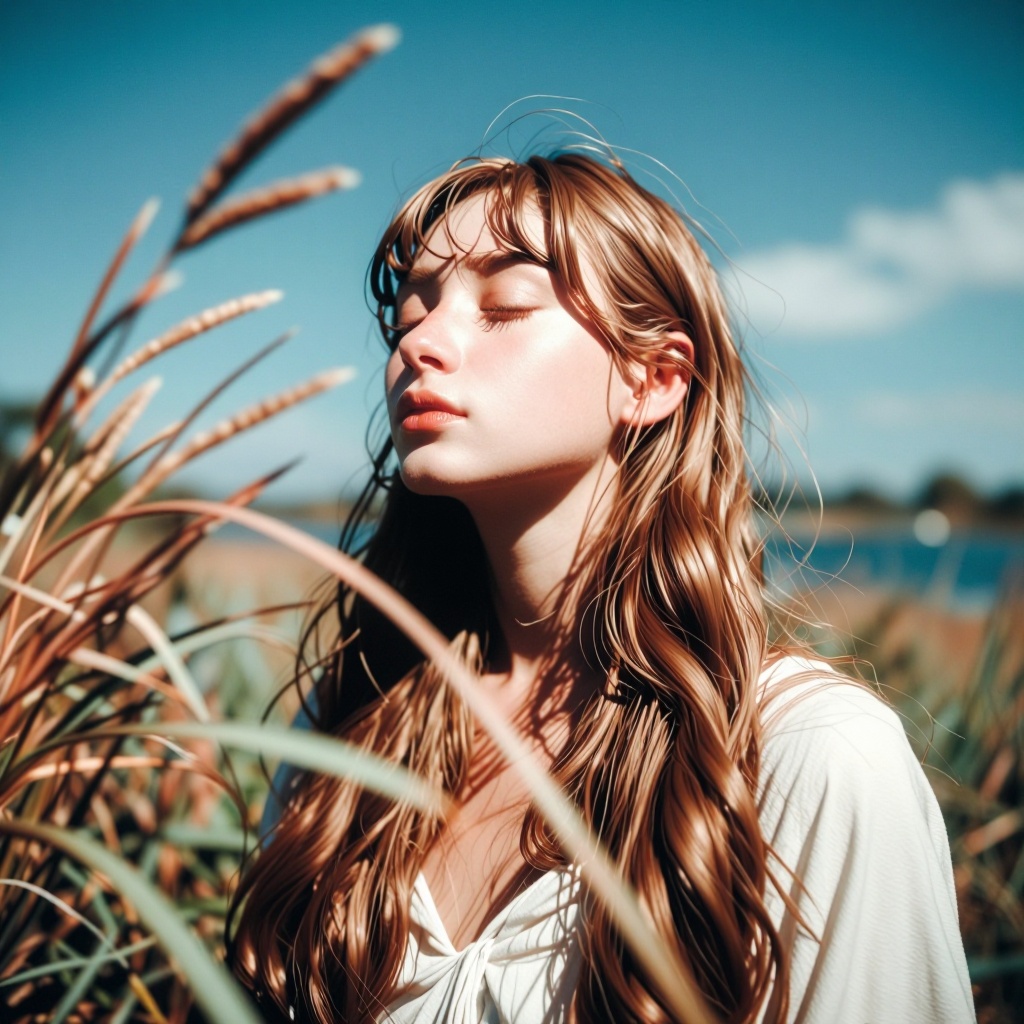 The image shows a young woman with long,  light brown hair standing outdoors. She is wearing a white top and appears to be...