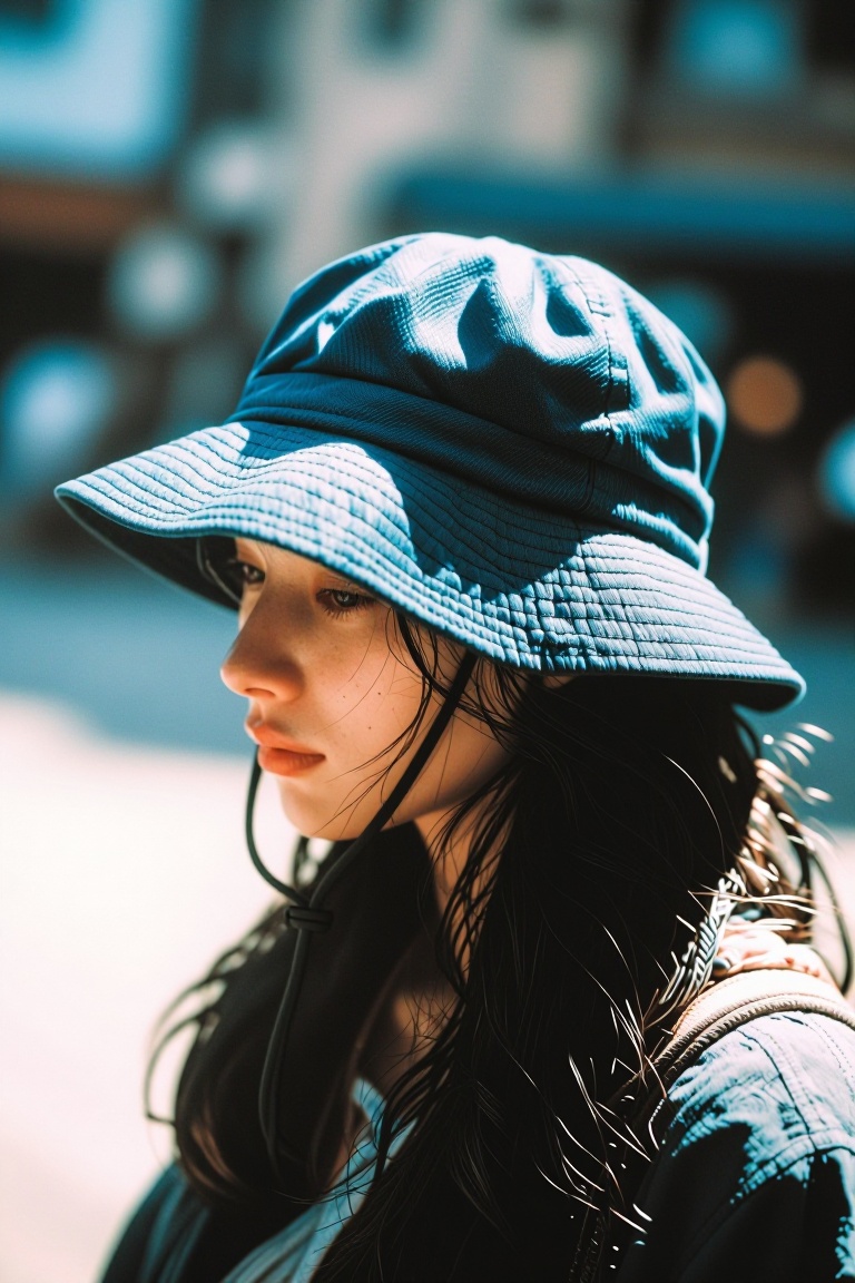 The image shows a person wearing a blue bucket hat with a wide brim. The hat has a fabric texture and features a tie-back...