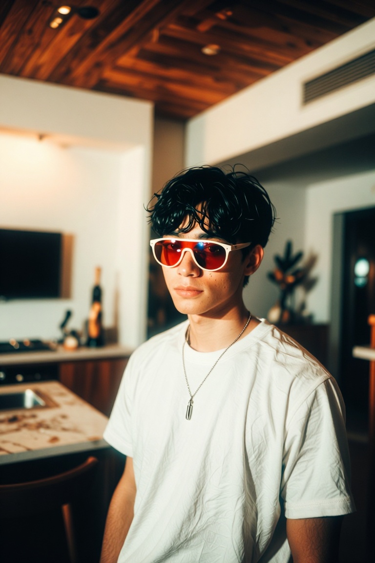 The image shows a person wearing a white t-shirt and a necklace,  standing indoors. The person is wearing a pair of red-ti...