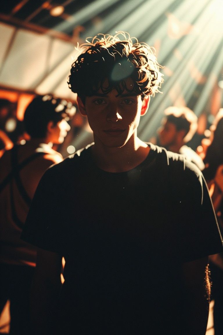 The image shows a young man with curly hair wearing a plain black t-shirt. He is standing in a warmly lit room with soft,...