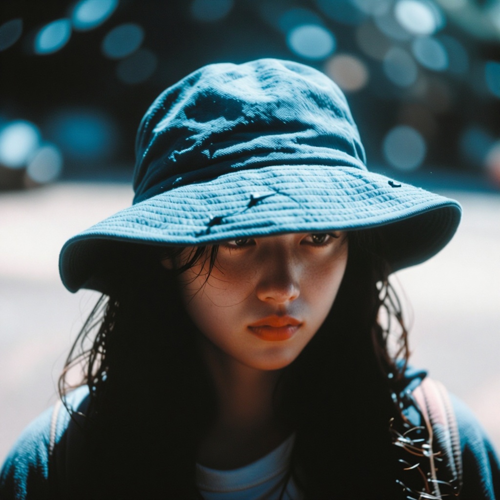 The image shows a person wearing a blue bucket hat with a wide brim. The hat has a fabric texture and features a tie-back...