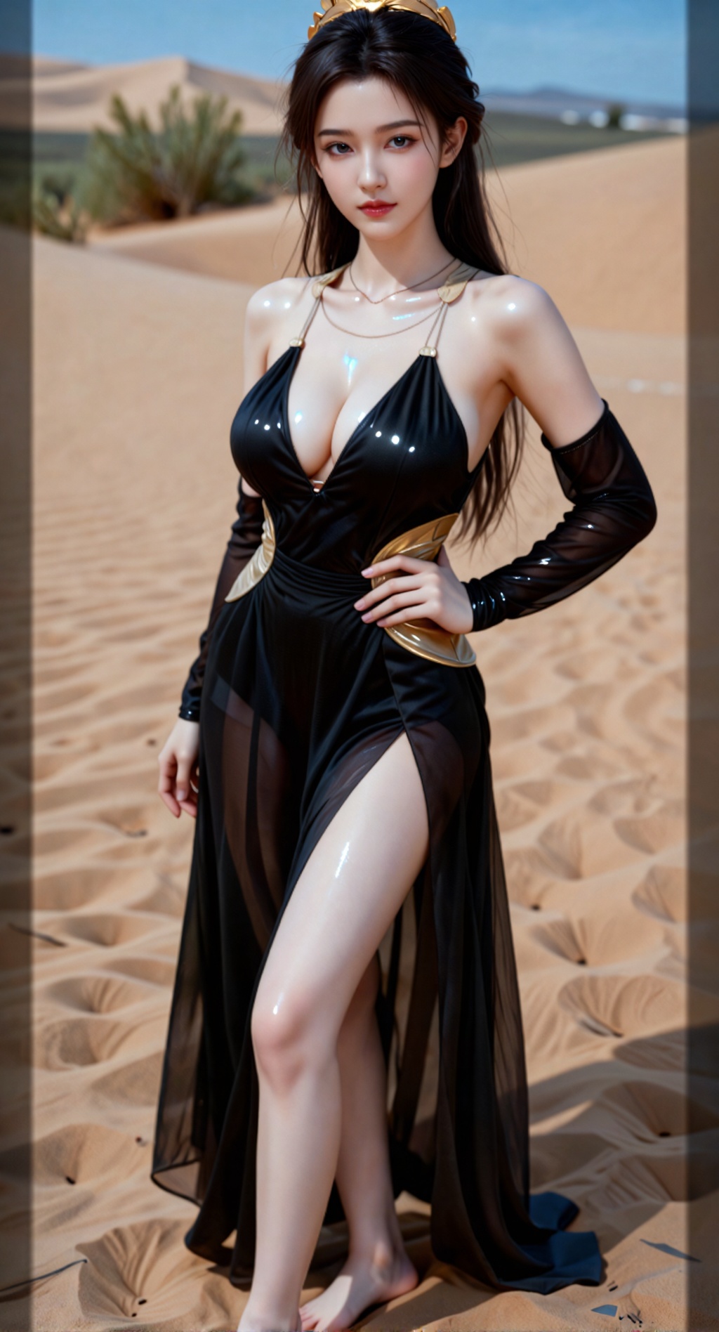 真人摄影。真人摄影。全身照,
美颜,16岁少女皮肤,去AI 感,极具视觉冲击力精致壁纸风,皮肤雪白细腻水润如瓷,无AI 合成痕迹,巨大胸部轮廓分明,职业微笑温柔勾人,眼神妖艳妩媚直视镜头,完美身材（纤细四肢+ 紧致腰线）The image shows a young woman standing in a desert-like landscape. She is wearing a long, flowing black dress with gold accents and a gold headpiece. The dress has a high neckline and long sleeves, and the skirt is made of a sheer fabric with a geometric pattern. The woman is holding the dress with one hand and her other hand is resting on her hip. She has long dark hair styled in loose waves and is looking off to the side with a serious expression on her face. The background is blurred, but it appears to be a vast expanse of sand dunes and shrubs. The overall mood of the image is mysterious and ethereal.干净光滑的画面风格,呈现出极致清晰的光滑镜面质感画风。32K像素点压缩处理致所有细节都清晰展现。