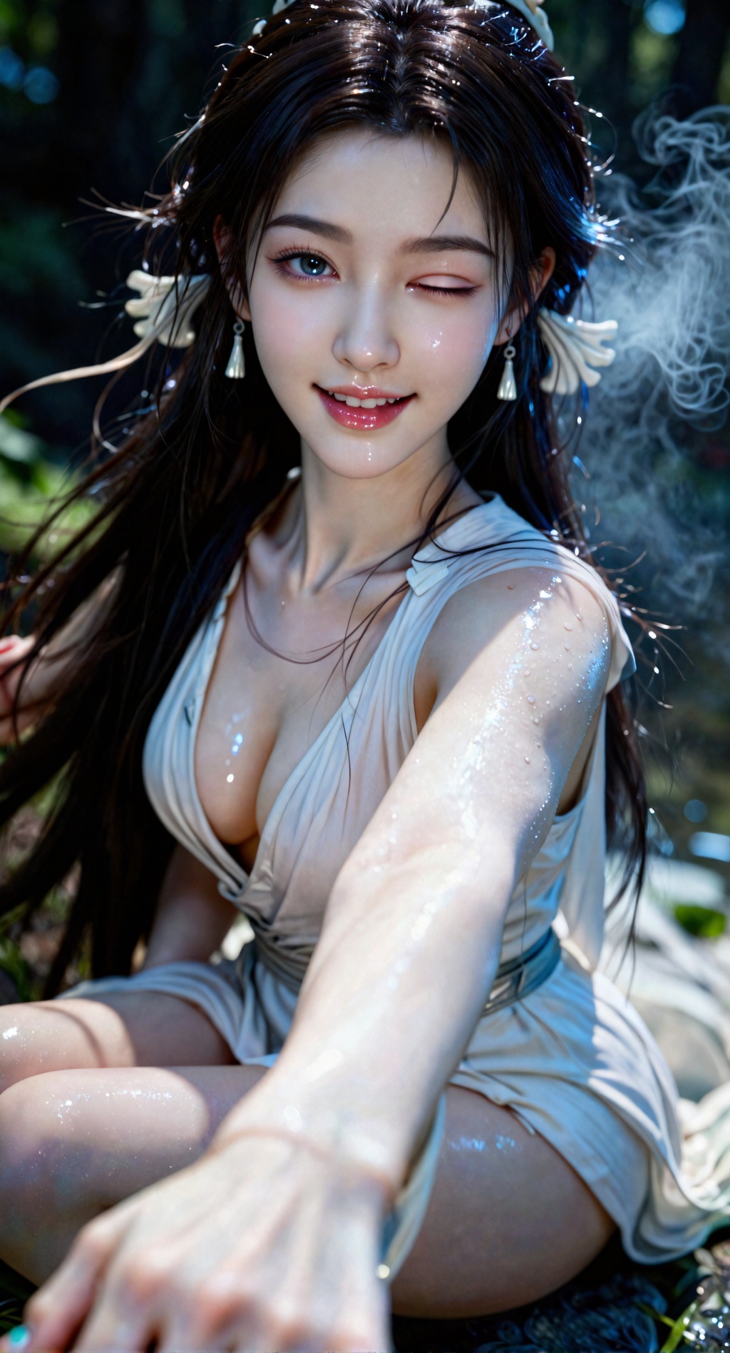 真人摄影。真人摄影。全身照,
美颜,16岁少女皮肤,去AI 感,极具视觉冲击力精致壁纸风,皮肤雪白细腻水润如瓷,无AI 合成痕迹,,职业微笑温柔勾人,眼神妖艳妩媚直视镜头,完美身材（纤细四肢+ 紧致腰线）,倾斜构图、远景、超广角、自拍照、景深、空间感、层次感,自拍视角, 古风美人,气质空濛,电影氛围感,情绪氛围感,线条清晰,明暗对比,超高清,高级感,最高画质,第一视角怼腹部仰视角度拍摄,摩卡少女樱真人拍摄,长发及腰、超长耳坠、碎发、多条细长飞舞发带、宽松白纱衣露出,如楚辞山鬼般的人物,在昏暗森林里的全身人像写真,丰富细节,含情眼,邪魅,魅惑,朦胧感,丰富的细节,眼神充满故事感,嘴巴微微张开。淡淡的喜悦,发丝凌乱,精致细长耳坠,高质量,写实逼真,光滑水润细腻冷白皮肤肌理,3D高精度建模渲染,立体唇纹反光,细腻皮肤纹理柔和8K超清真人比例建模,电影级景深,动态表情捕捉,瞳孔虹膜分层着色。高饱和全彩。妙龄绝美。完美锁骨,冷白光照在脸上。电影级构图。王家卫电影风格。风吹起衣裳飘逸。素衣清颜。没有头饰,临水照影眸含烟,似随时化雾归去。斑驳树影,真人模仿,超高清,超细腻的画面细节,真实的皮肤纹理,究极细节,白皙柔嫩的皮肤,光滑细腻的皮肤,扬的头发,细节丰富的发丝,宁静优雅,布满水珠的皮肤,氛围感,32K,超逼真的皮肤纹理,超级详细,高度细节,注重细节,明脂对比,究极细节,大师级光影,层次感,立体感,极致的光线,发细腻,发丝细腻,眼眸俏皮地眨动,姿态灵动,动作自然、角色扮演、微距镜头、眼部特写、臉部特寫,全脸镜头、眼神看向镜头。,aurora_glossy_pantyhose