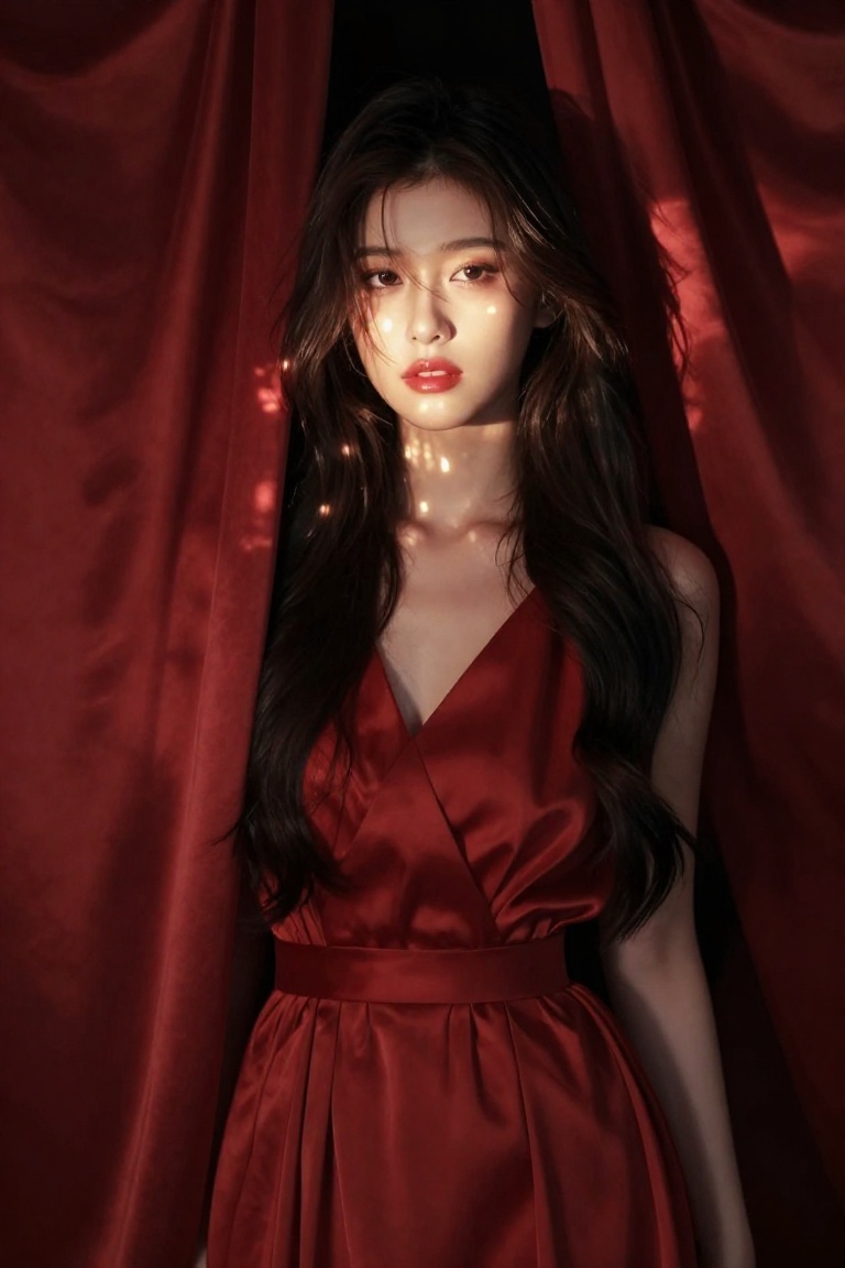 Create a cinematic scene featuring a 20-year-old woman standing against a dark backdrop,  where her long hair radiates lik...