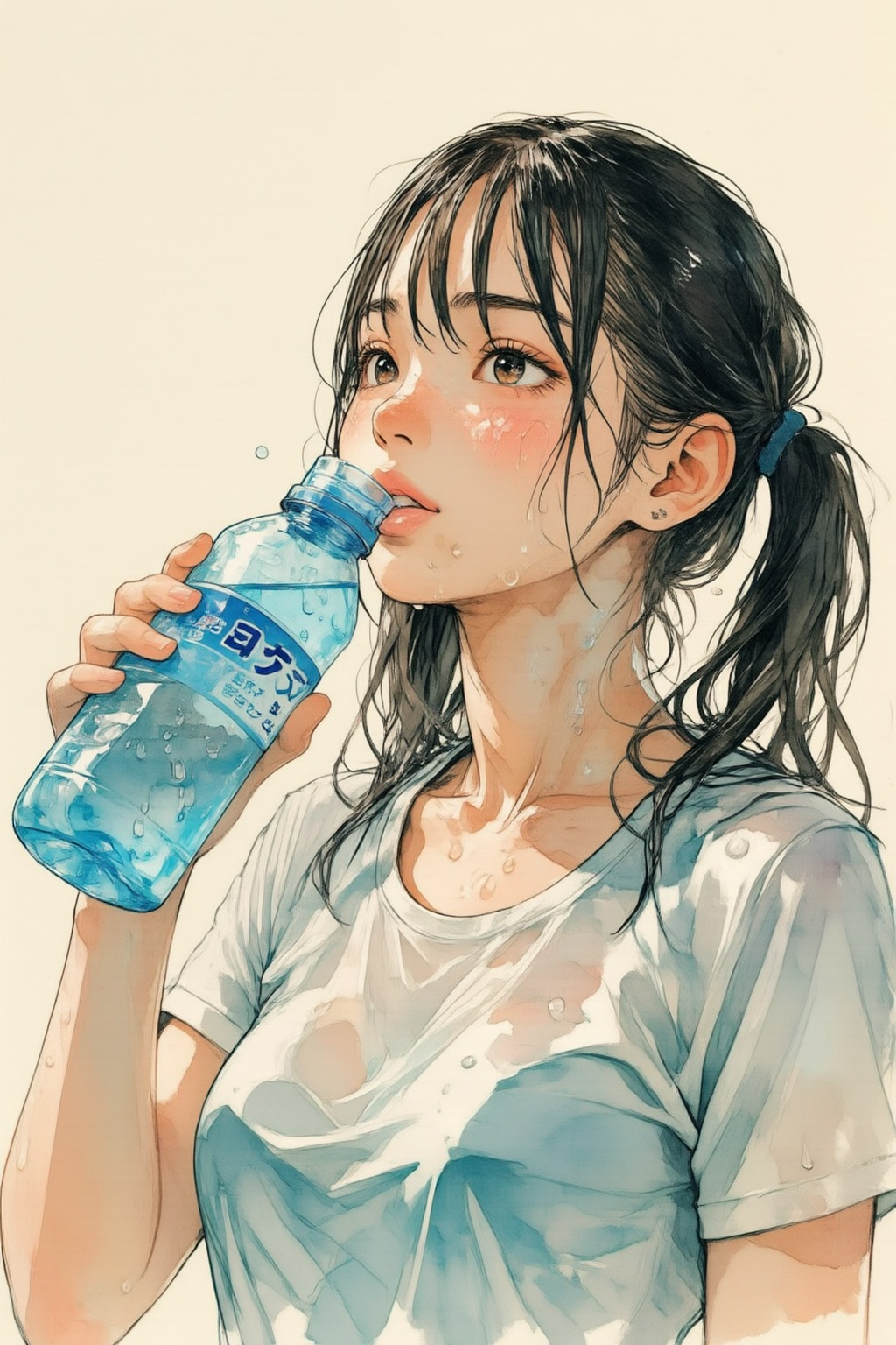 qnijiwatercolor9z25 watercolor illustration. 
A young woman is drinking from a transparent blue water bottle. She has wet hair tied into two ponytails. She has sweat on her face. She is wearing a wet t-shirt. The bottle has a label with Japanese characters, and water droplets are visible on the bottle and her shirt. The background is plain and light-colored.