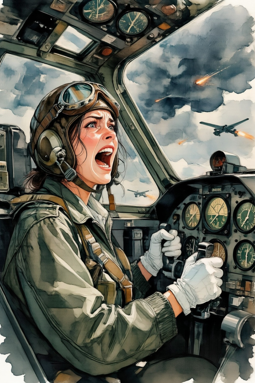 qnijiwatercolor9z25 watercolor illustration.  
A female pilot, shown in 3/4 view, screaming inside the cockpit of a World War II bomber. The pilot, wearing a vintage leather flight helmet with goggles and a bomber jacket, grips the controls with white-knuckled hands. Her face is contorted in a mix of fear and determination as she yells, her eyes wide with **********. The cockpit is cramped and filled with old-fashioned dials and gauges, with the outside view showing dark stormy clouds and distant anti-aircraft fire 