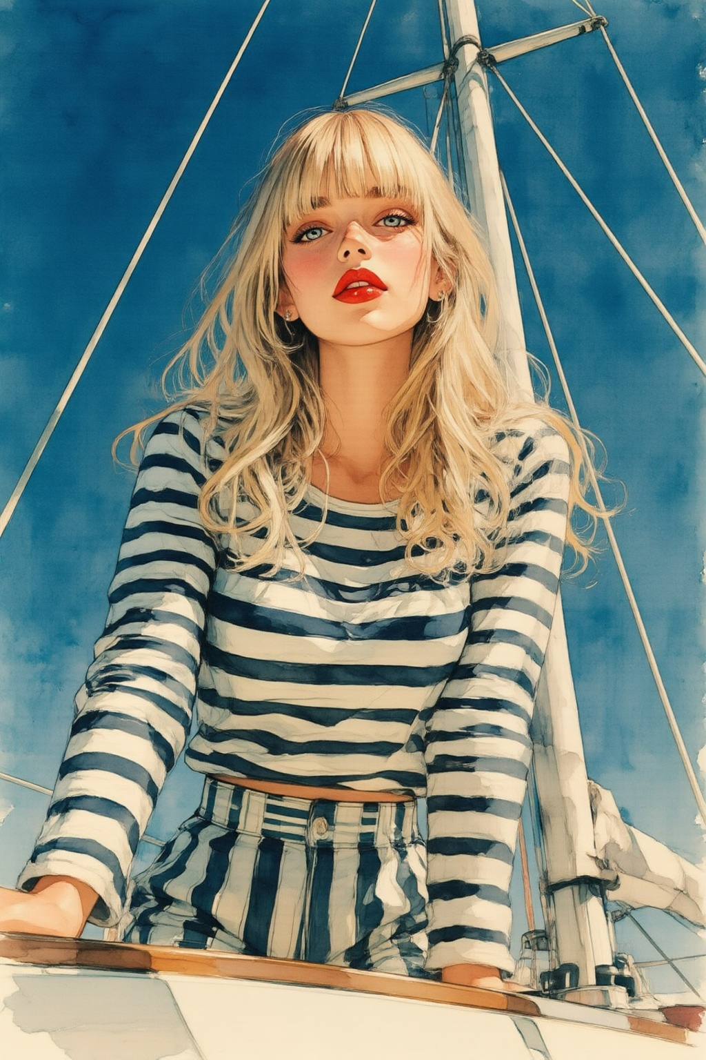 qnijiwatercolor9z25 watercolor illustration. 
Low-angle frontal shot of a young blonde woman with long, wavy hair and straight bangs, leaning forward on a sailboat. She wears a navy and white horizontally striped long-sleeve top, vertically striped bottoms, and bright red lipstick. Her gaze is fixed directly on the camera against a clear, deep blue sky. The scene is illuminated by warm, direct sunlight, creating a vintage film aesthetic with soft textures and a summery, nautical mood. Details of the boat's mast and rigging are visible in the background, framing the subject centrally.