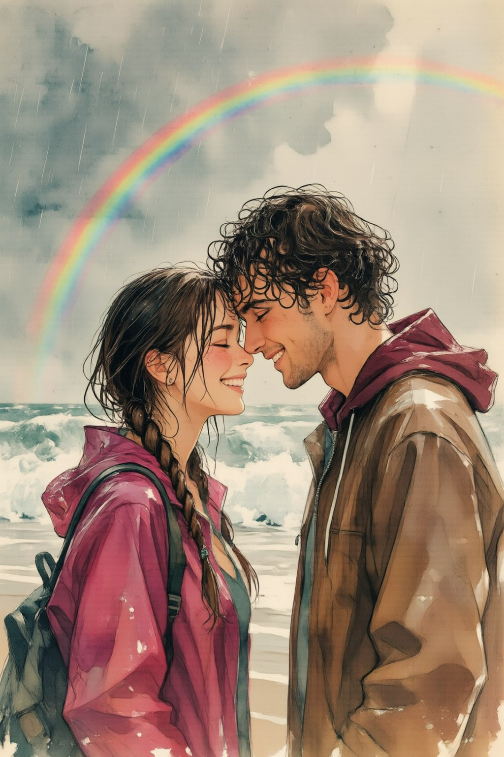 qnijiwatercolor9z25 watercolor illustration. 
An intimate moment between a young woman and man on a rainy beach. The woman, with fair skin and dark brown hair in a wet braid, smiles joyfully with her eyes nearly closed. She wears a magenta rain jacket and a backpack. The man, with dark curly wet hair, leans in so their foreheads touch, wearing a brown jacket with a maroon hood. Behind them, white waves crash against a muted grey sky. A faint rainbow light leak arches across the top of the frame. The image features a vintage film aesthetic with visible grain and dust particles, under the flat, natural lighting of an overcast day. The mood is deeply romantic and nostalgic, focusing on the couple's close spatial relationship and happy expressions.