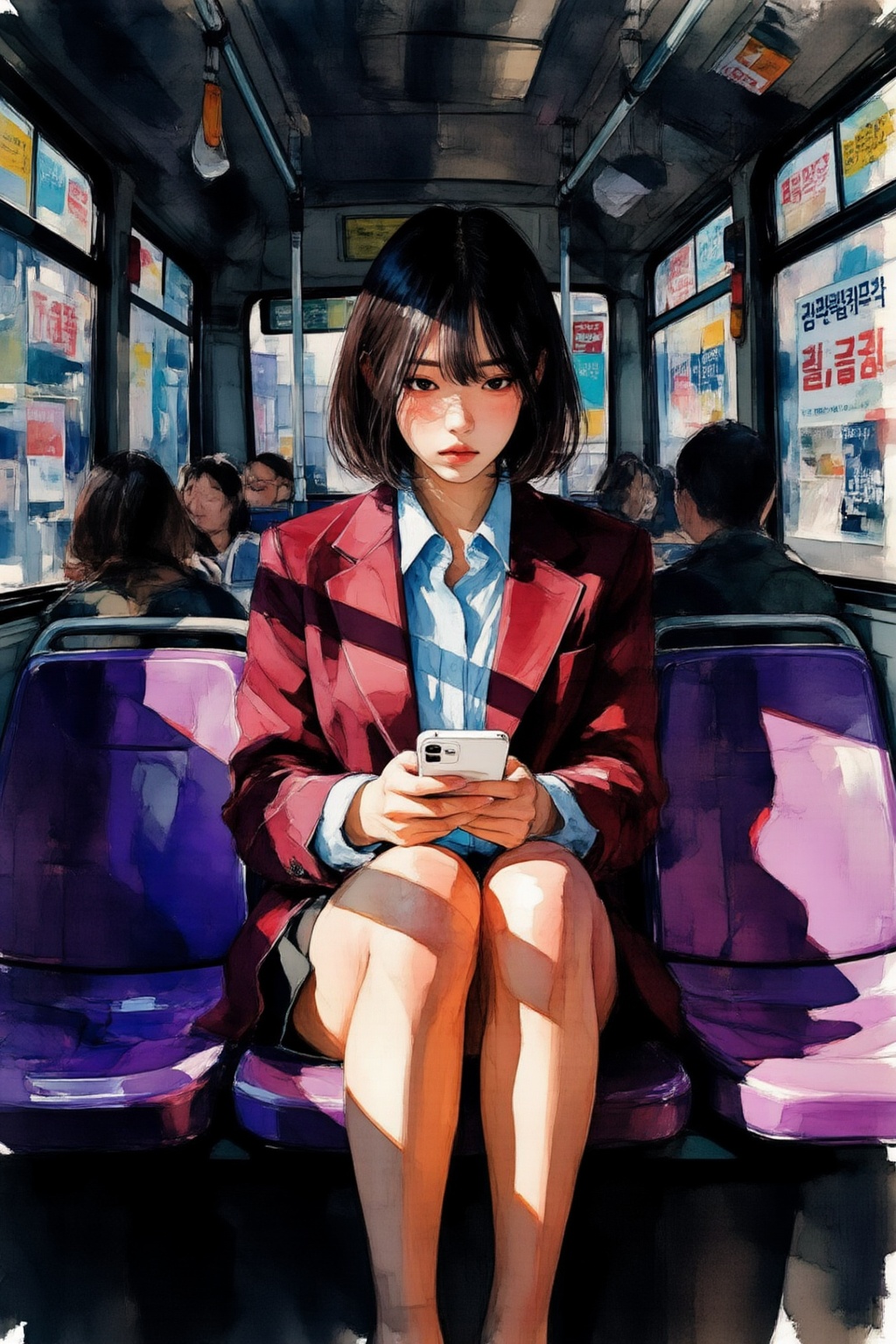 qnijiwatercolor9z25 watercolor illustration. 
Full-body shot of an East Asian young woman with a dark bob and a neutral expression sitting on a bus. She wears a maroon blazer over a light blue collared shirt, holding a white smartphone with both hands while sitting cross-legged. Harsh sunlight illuminates her legs and the vibrant purple plastic seats, casting deep, dramatic shadows over her torso and face. The background features blurred passengers and windows covered in posters with Korean text. The artistic style uses thick, painterly brushstrokes and a high-contrast color palette of deep reds, violets, and cool blues. The composition utilizes a strong diagonal shadow line to divide the frame, creating a cinematic and moody urban atmosphere. Textured surfaces and blocky shading emphasize the intense interplay of light and shadow across the scene.
