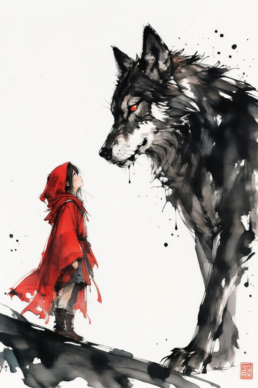 qnijiwatercolor9z25 watercolor illustration.  
A side-profile medium shot from a low angle depicts a small female figure in a vibrant red hooded cloak facing a massive black wolf. The girl stands on a slight dark incline, looking up with a steady gaze. The wolf, towering over her, is rendered with thick, expressive black ink strokes and splatters, featuring a single piercing red eye. The composition emphasizes the dramatic scale difference between the diminutive figure and the beast. The artwork follows a Sumi-e ink wash style, characterized by high-contrast black and red pigments against a stark white background. Rough brushwork and ink drips create a sense of movement. A traditional red square seal is visible in the lower right corner. The overall mood is tense and mythical, capturing a silent confrontation between the two subjects.