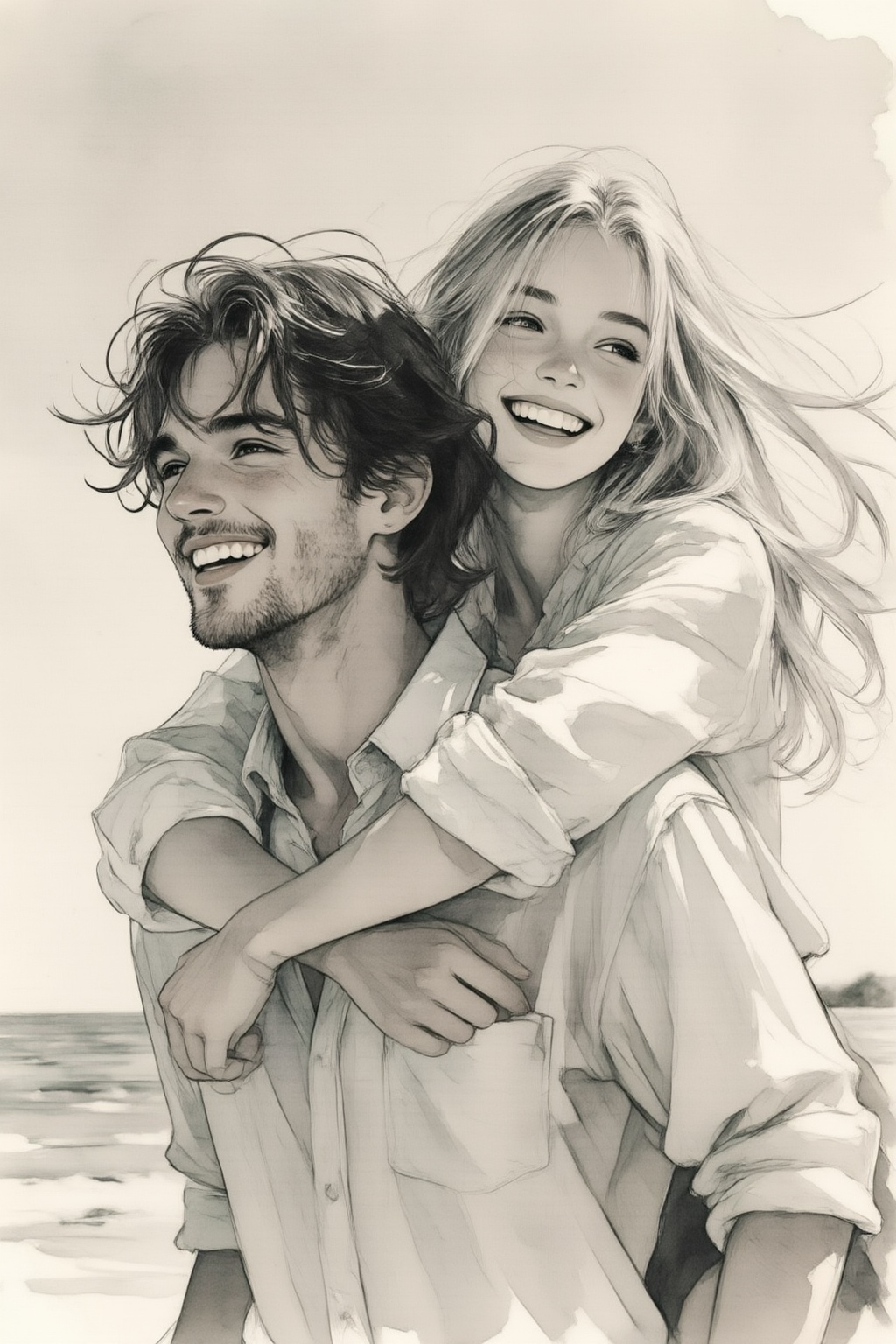 qnijiwatercolor9z25 watercolor illustration. 
Medium close-up shot captures a young man shown in 3/4 view, with dark, wavy hair and light stubble giving a young woman with long, fair hair a piggyback ride. The woman is perched on his back, her arms clasped around his chest, while her hair flows dynamically in the wind. Both exhibit wide, joyful smiles, looking away from the camera. They are dressed in light-colored, long-sleeved shirts made of a soft fabric. The scene is set against a minimalist, out-of-focus outdoor background, suggesting a coastal environment under a pale sky. This black-and-white photograph uses a shallow depth of field, highlighting the subjects while creating a soft blur. The natural lighting and slight motion in the hair enhance the candid, romantic, and carefree mood of the moment.