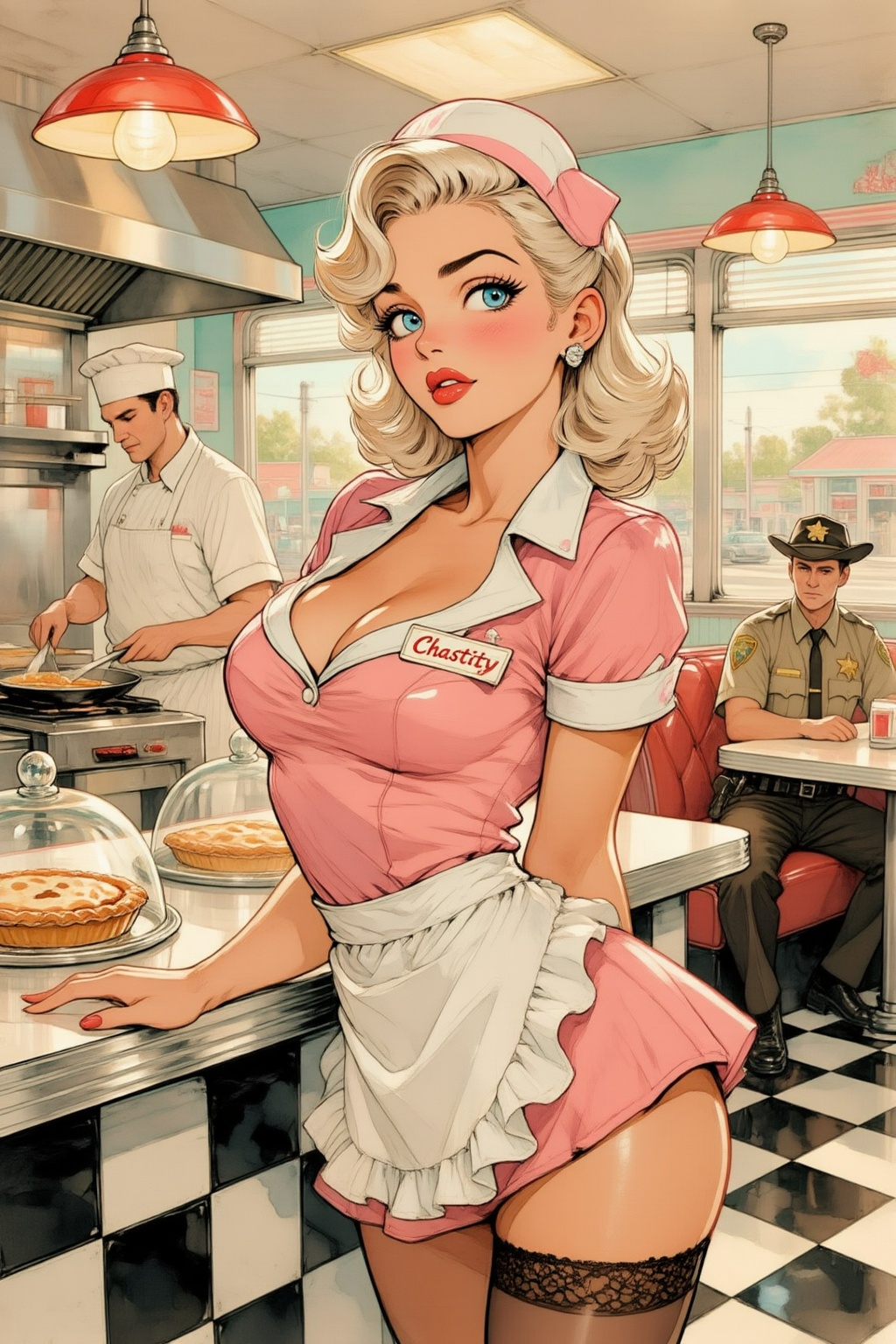 qnijiwatercolor9z25 watercolor illustration. 
In a bright retro diner, a voluptuous blonde woman with wavy shoulder-length hair in 1950s vintage style and blue eyes stands behind a stainless steel counter. She wears a short pink waitress uniform with a white collar, a ruffled white apron, and a matching cap, paired with dark lace-topped stockings. She looks at the viewer with her body slightly angled, resting one hand on the counter near a glass-domed pie, and one hand behind her back. She wears a name tag that says Chastity. On the left, a man in a white chefs uniform prepares food at a stove under a metal hood. In the background to the right, a man in a tan sheriffs uniform and hat sits at a booth. The setting includes a black and white checkered floor, red hanging lamps, and large windows showing a street. This eye-level medium shot captures the woman as the central figure, with the kitchen and dining area clearly visible in the background.