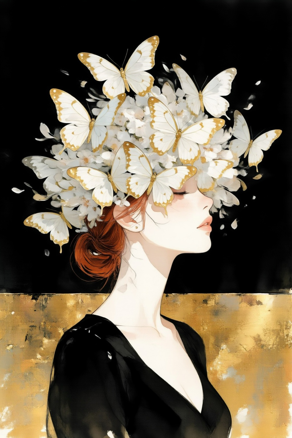 qnijiwatercolor9z25 watercolor illustration.  
Medium shot in side profile features a fair-skinned woman wearing a black V-neck top. Her head is entirely obscured by a dense, voluminous cluster of white and gold butterflies that resemble a blooming floral arrangement that is being blown away by the wind. The woman has reddish-brown hair tied in a low bun, and her facial features are partially visible from the side. The composition is split horizontally into two distinct sections: the top half is a deep matte black, while the bottom half is a heavily textured, shimmering gold leaf. The artistic style combines flat, minimalist figure drawing with thick, impasto-like brushstrokes on the white butterflies, creating a three-dimensional effect. The lighting is soft and diffused, emphasizing the high contrast between the monochromatic subject and the rich metallic background. The overall mood is serene, elegant, and surreal.