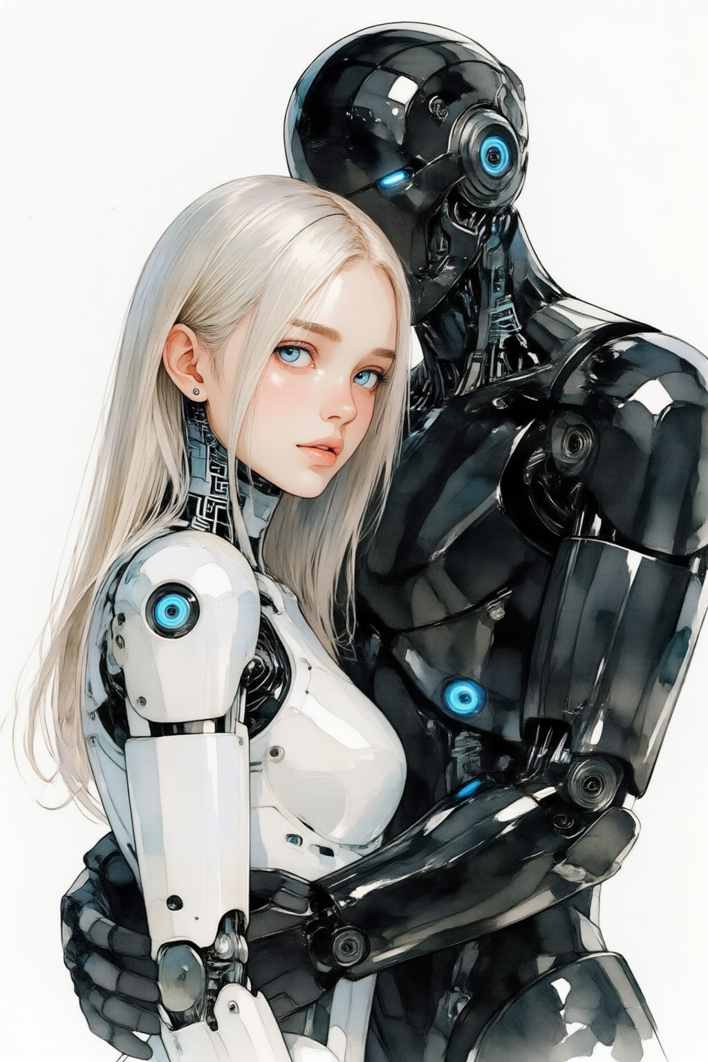 qnijiwatercolor9z25 watercolor illustration. 
Close-up of a young female cyborg with pale skin, blue eyes, and center parted long straight platinum blonde hair. She is looking over her shoulder at the viewer with a serene expression. Her body is constructed from glossy white robotic plates with visible black mechanical joints, intricate circuitry on her neck, and small glowing blue circular lights. A large, hulking robot with a polished black finish and similar glowing blue lights embraces her from behind, its massive arms wrapping around her torso. The scene is set against a clean, minimalist white background. The lighting is bright and even, creating soft highlights on the smooth, reflective surfaces. The overall mood is futuristic and intimate, emphasizing the contrast between the organic facial features and the sleek, high-tech mechanical bodies