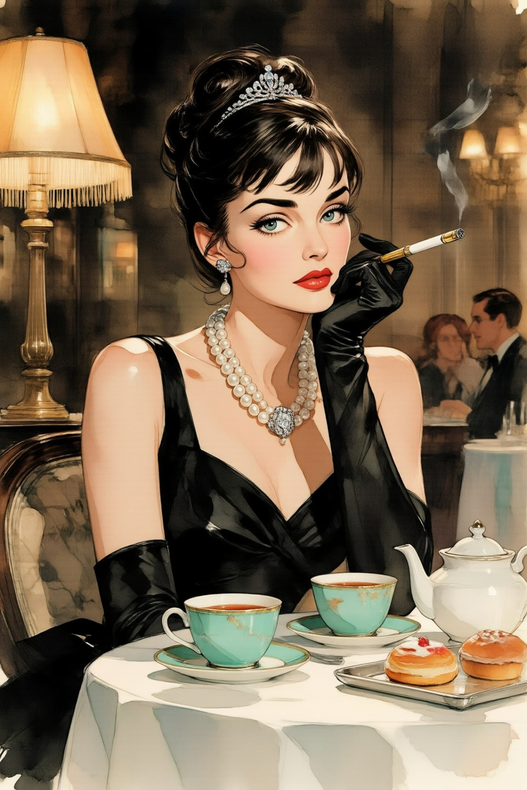 qnijiwatercolor9z25 watercolor illustration.  
Young woman dress as Holly Golightly in Breakfast at Tiffany's. She is seated at a white-clothed table in a dimly lit, upscale restaurant, resting her chin on a black-gloved hand while holding a long, gold-tipped cigarette holder. She wears her signature high beehive updo adorned with a small sparkling diamond tiara, a sleeveless black Hubert de Givenchy-style cocktail dress, and a massive multi-strand pearl necklace with a diamond clasp. On the table are elegant turquoise tea cups, a white teapot, and a tray of pastries. The lighting is warm and glamorous, featuring a vintage fringed lampshade in the foreground and a soft-focus background of other diners.