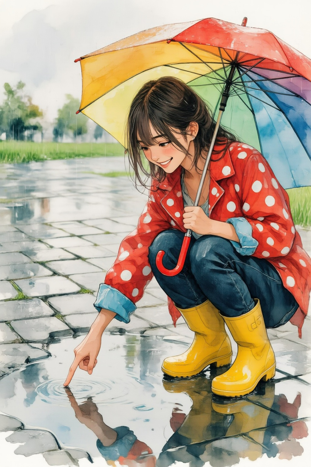 qnijiwatercolor9z25 watercolor illustration.  
A young woman, angled from slightly above and to the right, crouching low to the ground in a puddle. The young woman is wearing bright yellow rubber boots and a red jacket with white polka dots. The jacket sleeves are pushed up to reveal blue cuffs. The young woman also wears dark blue jeans and has a smile on her face as she extends her right index finger to touch the water in the puddle. She holds a large, open umbrella with rainbow-colored panels and a red handle over her. The ground is wet and paved with grey stones, reflecting the sky and umbrella. The background is slightly blurred, showing hints of green grass and trees. The lighting is overcast and diffused, typical of a rainy day