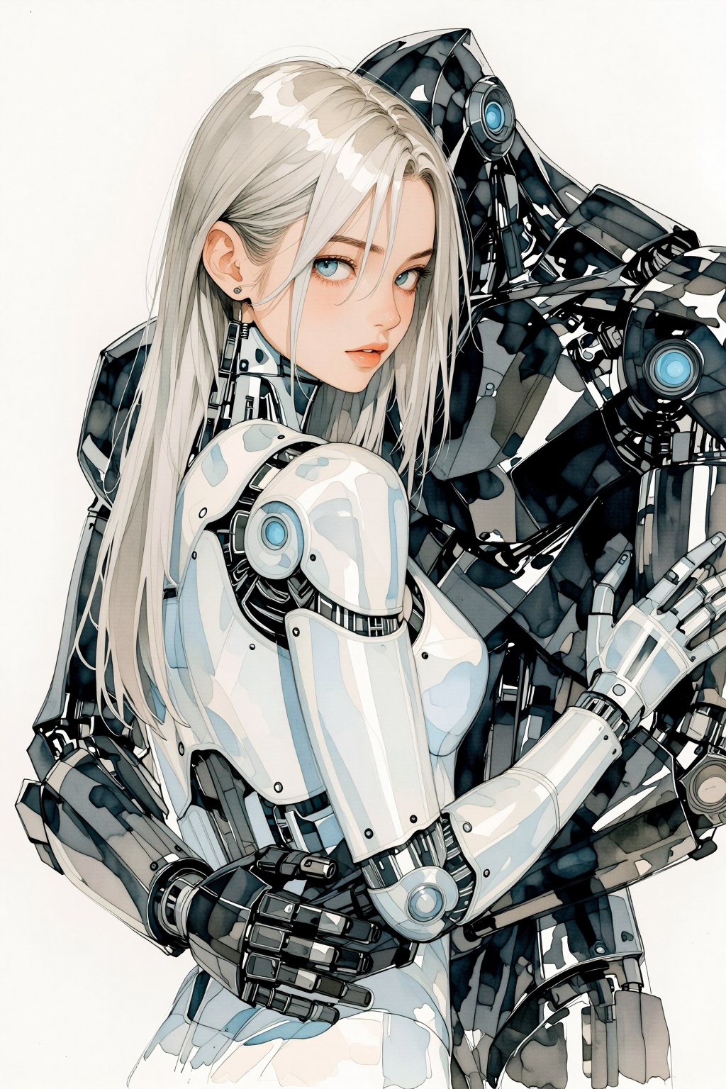 qnijiwatercolor10t1 watercolor illustration. 
Close-up of a young female cyborg with pale skin, blue eyes, and center parted long straight platinum blonde hair. She is looking over her shoulder at the viewer with a serene expression. Her body is constructed from glossy white robotic plates with visible black mechanical joints, intricate circuitry on her neck, and small glowing blue circular lights. A large, hulking robot with a polished black finish and similar glowing blue lights embraces her from behind, its massive arms wrapping around her torso. The scene is set against a clean, minimalist white background. The lighting is bright and even, creating soft highlights on the smooth, reflective surfaces. The overall mood is futuristic and intimate, emphasizing the contrast between the organic facial features and the sleek, high-tech mechanical bodies
