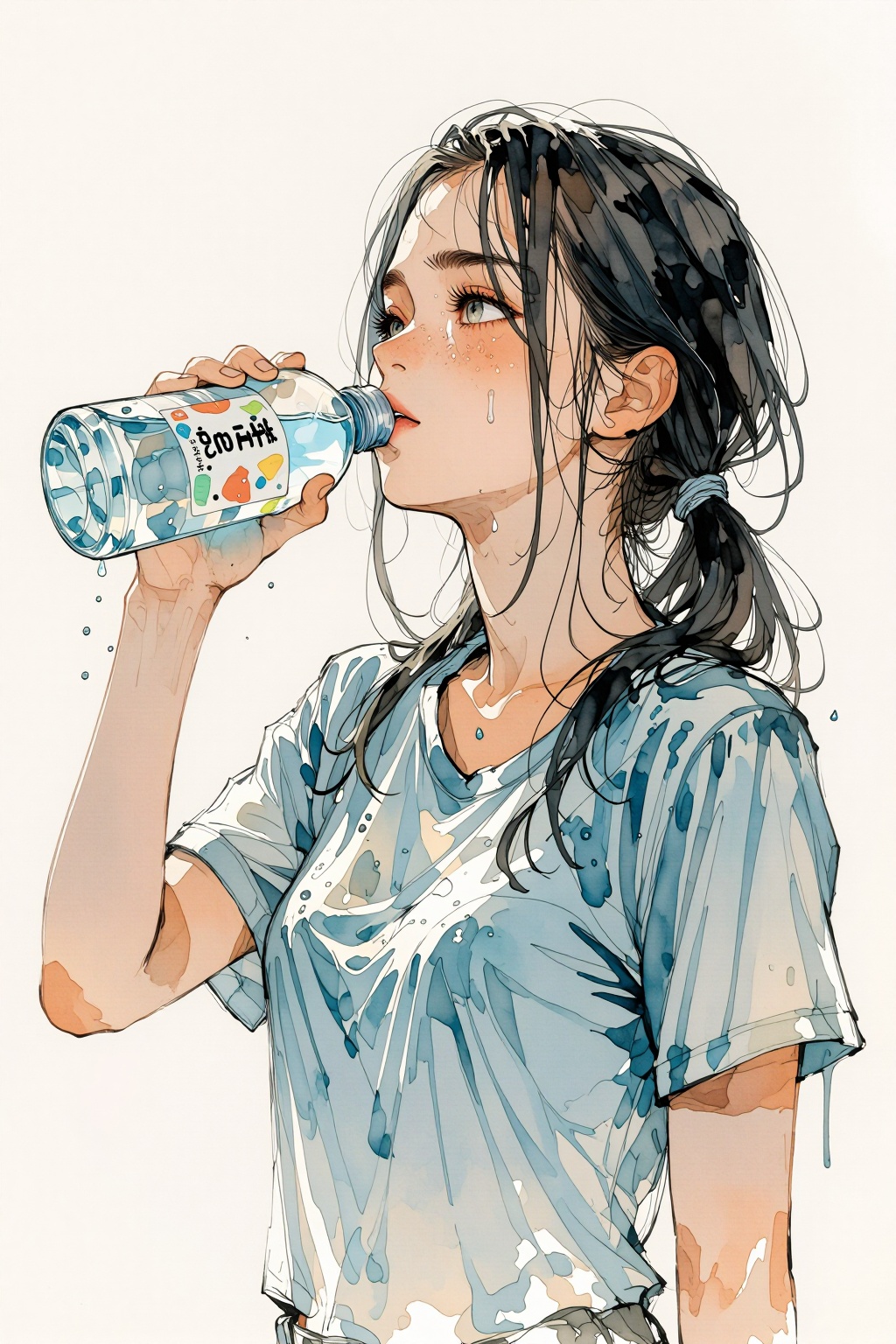 qnijiwatercolor10t1 watercolor illustration. 
A young woman is drinking from a transparent blue water bottle. She has wet hair tied into two ponytails. She has sweat on her face. She is wearing a wet t-shirt. The bottle has a label with Japanese characters, and water droplets are visible on the bottle and her shirt. The background is plain and light-colored.