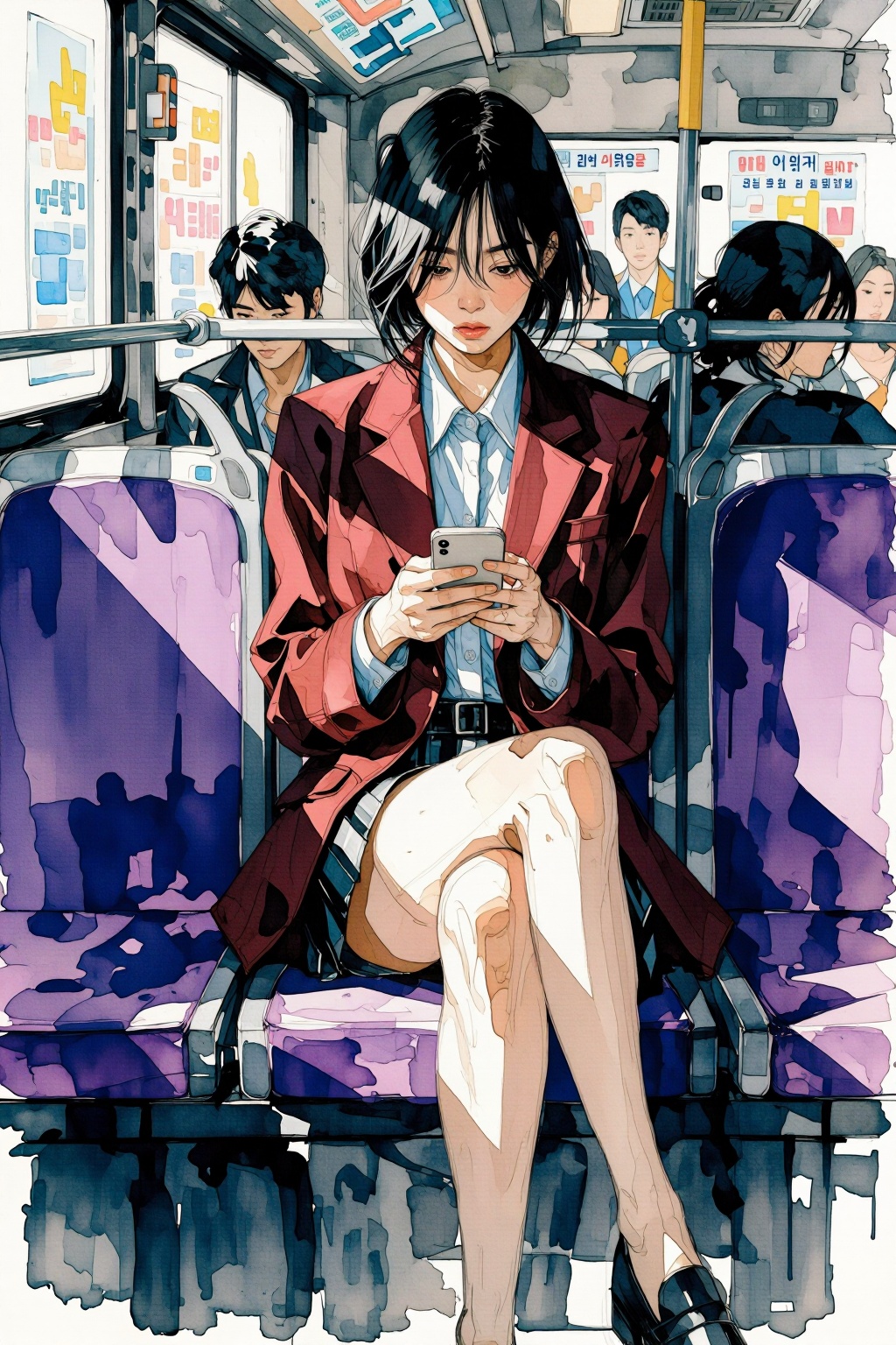 qnijiwatercolor10t1 watercolor illustration. 
Full-body shot of an East Asian young woman with a dark bob and a neutral expression sitting on a bus. She wears a maroon blazer over a light blue collared shirt, holding a white smartphone with both hands while sitting cross-legged. Harsh sunlight illuminates her legs and the vibrant purple plastic seats, casting deep, dramatic shadows over her torso and face. The background features blurred passengers and windows covered in posters with Korean text. The artistic style uses thick, painterly brushstrokes and a high-contrast color palette of deep reds, violets, and cool blues. The composition utilizes a strong diagonal shadow line to divide the frame, creating a cinematic and moody urban atmosphere. Textured surfaces and blocky shading emphasize the intense interplay of light and shadow across the scene.