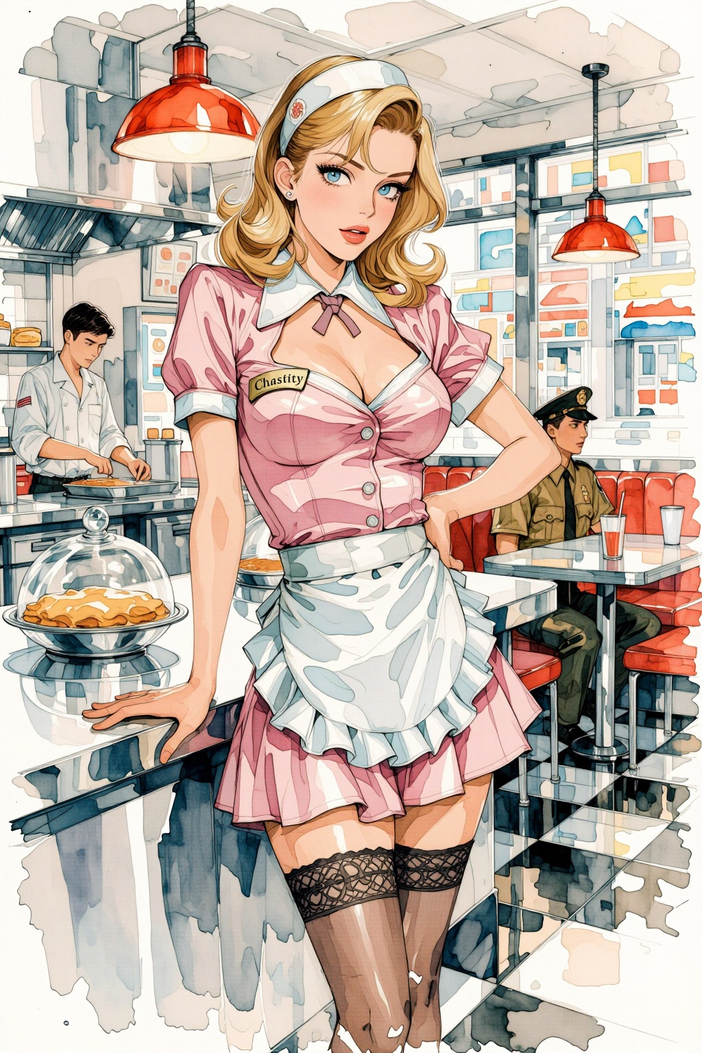 qnijiwatercolor10t1 watercolor illustration. 
In a bright retro diner, a voluptuous blonde woman with wavy shoulder-length hair in 1950s vintage style and blue eyes stands behind a stainless steel counter. She wears a short pink waitress uniform with a white collar, a ruffled white apron, and a matching cap, paired with dark lace-topped stockings. She looks at the viewer with her body slightly angled, resting one hand on the counter near a glass-domed pie, and one hand behind her back. She wears a name tag that says Chastity. On the left, a man in a white chefs uniform prepares food at a stove under a metal hood. In the background to the right, a man in a tan sheriffs uniform and hat sits at a booth. The setting includes a black and white checkered floor, red hanging lamps, and large windows showing a street. This eye-level medium shot captures the woman as the central figure, with the kitchen and dining area clearly visible in the background.