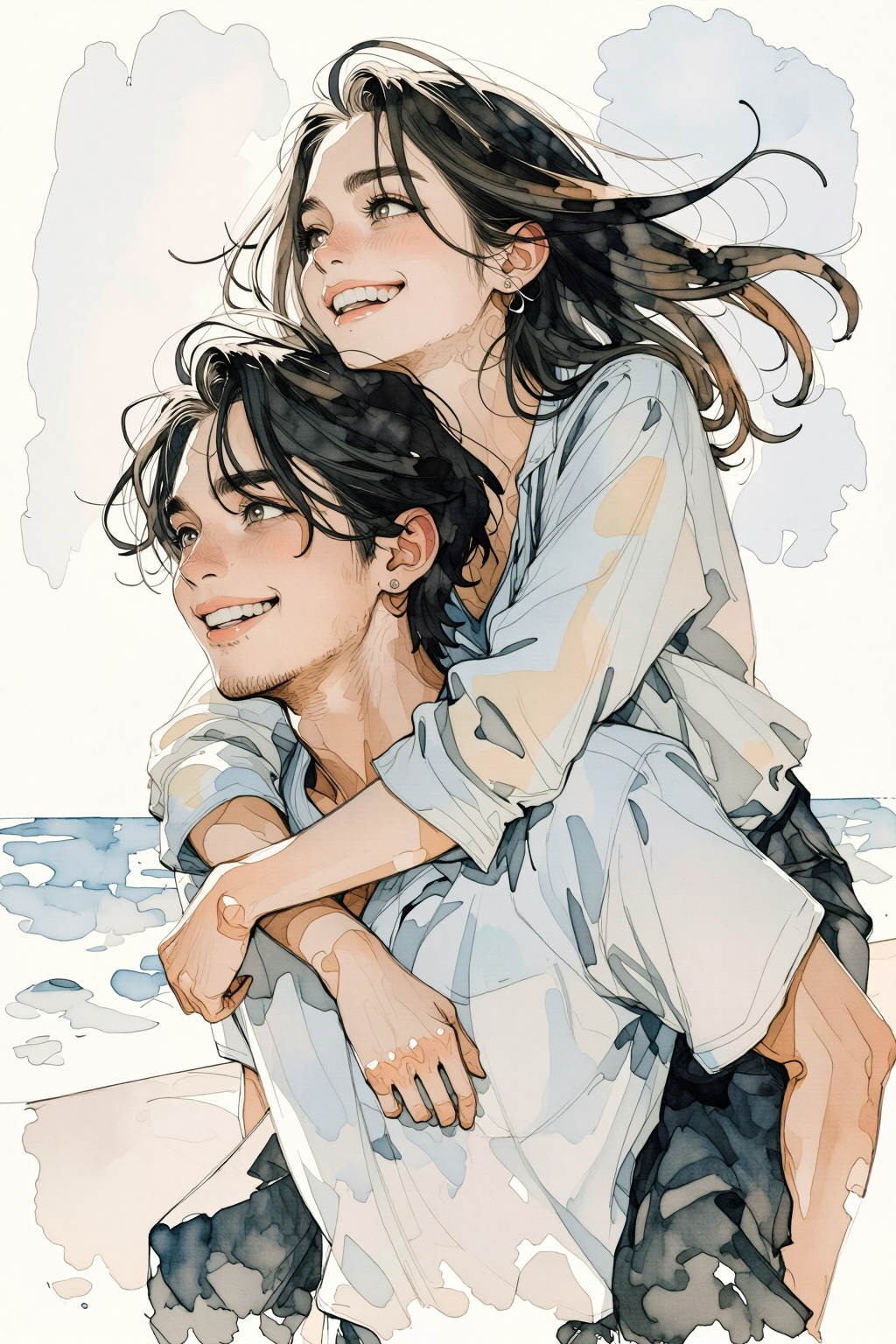 qnijiwatercolor10t1 watercolor illustration. 
Medium close-up shot captures a young man shown in 3/4 view, with dark, wavy hair and light stubble giving a young woman with long, fair hair a piggyback ride. The woman is perched on his back, her arms clasped around his chest, while her hair flows dynamically in the wind. Both exhibit wide, joyful smiles, looking away from the camera. They are dressed in light-colored, long-sleeved shirts made of a soft fabric. The scene is set against a minimalist, out-of-focus outdoor background, suggesting a coastal environment under a pale sky. This black-and-white photograph uses a shallow depth of field, highlighting the subjects while creating a soft blur. The natural lighting and slight motion in the hair enhance the candid, romantic, and carefree mood of the moment.
