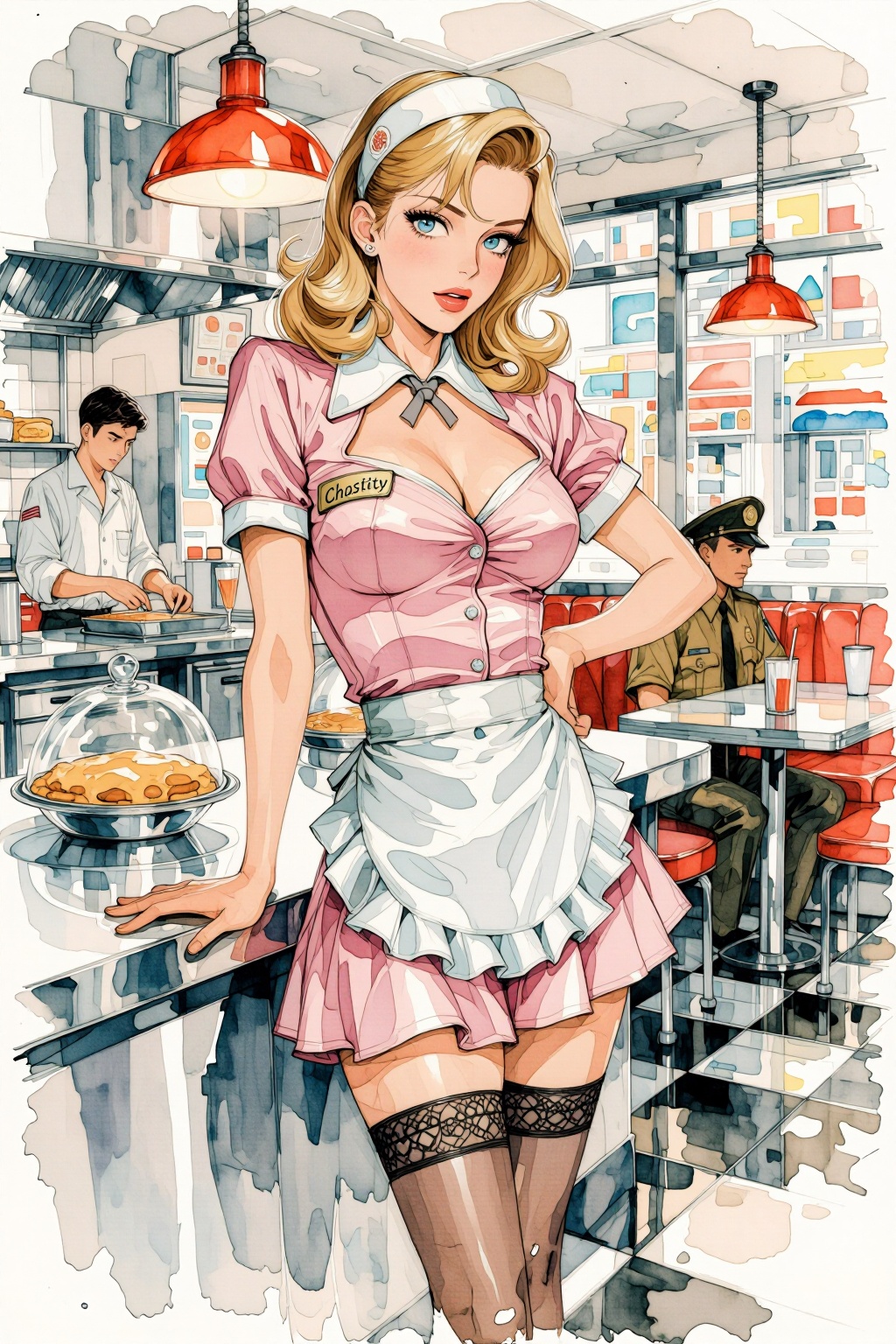 qnijiwatercolor10t2 watercolor illustration. 
In a bright retro diner, a voluptuous blonde woman with wavy shoulder-length hair in 1950s vintage style and blue eyes stands behind a stainless steel counter. She wears a short pink waitress uniform with a white collar, a ruffled white apron, and a matching cap, paired with dark lace-topped stockings. She looks at the viewer with her body slightly angled, resting one hand on the counter near a glass-domed pie, and one hand behind her back. She wears a name tag that says Chastity. On the left, a man in a white chefs uniform prepares food at a stove under a metal hood. In the background to the right, a man in a tan sheriffs uniform and hat sits at a booth. The setting includes a black and white checkered floor, red hanging lamps, and large windows showing a street. This eye-level medium shot captures the woman as the central figure, with the kitchen and dining area clearly visible in the background.