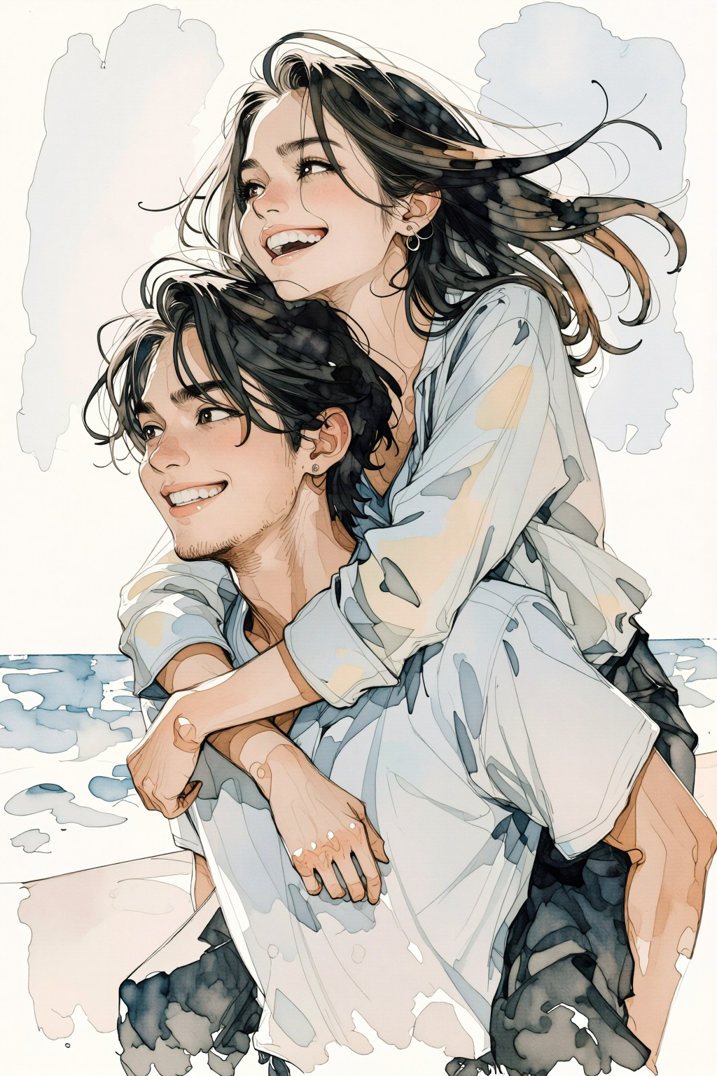 qnijiwatercolor10t2 watercolor illustration. 
Medium close-up shot captures a young man shown in 3/4 view, with dark, wavy hair and light stubble giving a young woman with long, fair hair a piggyback ride. The woman is perched on his back, her arms clasped around his chest, while her hair flows dynamically in the wind. Both exhibit wide, joyful smiles, looking away from the camera. They are dressed in light-colored, long-sleeved shirts made of a soft fabric. The scene is set against a minimalist, out-of-focus outdoor background, suggesting a coastal environment under a pale sky. This black-and-white photograph uses a shallow depth of field, highlighting the subjects while creating a soft blur. The natural lighting and slight motion in the hair enhance the candid, romantic, and carefree mood of the moment.