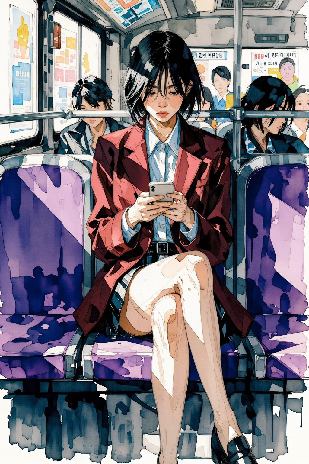 qnijiwatercolor10t2 watercolor illustration. 
Full-body shot of an East Asian young woman with a dark bob and a neutral expression sitting on a bus. She wears a maroon blazer over a light blue collared shirt, holding a white smartphone with both hands while sitting cross-legged. Harsh sunlight illuminates her legs and the vibrant purple plastic seats, casting deep, dramatic shadows over her torso and face. The background features blurred passengers and windows covered in posters with Korean text. The artistic style uses thick, painterly brushstrokes and a high-contrast color palette of deep reds, violets, and cool blues. The composition utilizes a strong diagonal shadow line to divide the frame, creating a cinematic and moody urban atmosphere. Textured surfaces and blocky shading emphasize the intense interplay of light and shadow across the scene.