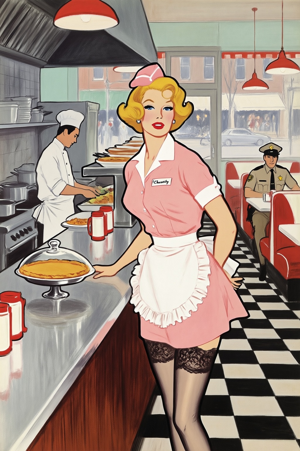 renegruau7q25 fashion illustration.  
In a bright retro diner, a voluptuous blonde woman with wavy shoulder-length hair in 1950s vintage style and blue eyes stands behind a stainless steel counter. She wears a short pink waitress uniform with a white collar, a ruffled white apron, and a matching cap, paired with dark lace-topped stockings. She looks at the viewer with her body slightly angled, resting one hand on the counter near a glass-domed pie, and one hand behind her back. She wears a name tag that says Chastity. On the left, a man in a white chefs uniform prepares food at a stove under a metal hood. In the background to the right, a man in a tan sheriffs uniform and hat sits at a booth. The setting includes a black and white checkered floor, red hanging lamps, and large windows showing a street. This eye-level medium shot captures the woman as the central figure, with the kitchen and dining area clearly visible in the background.