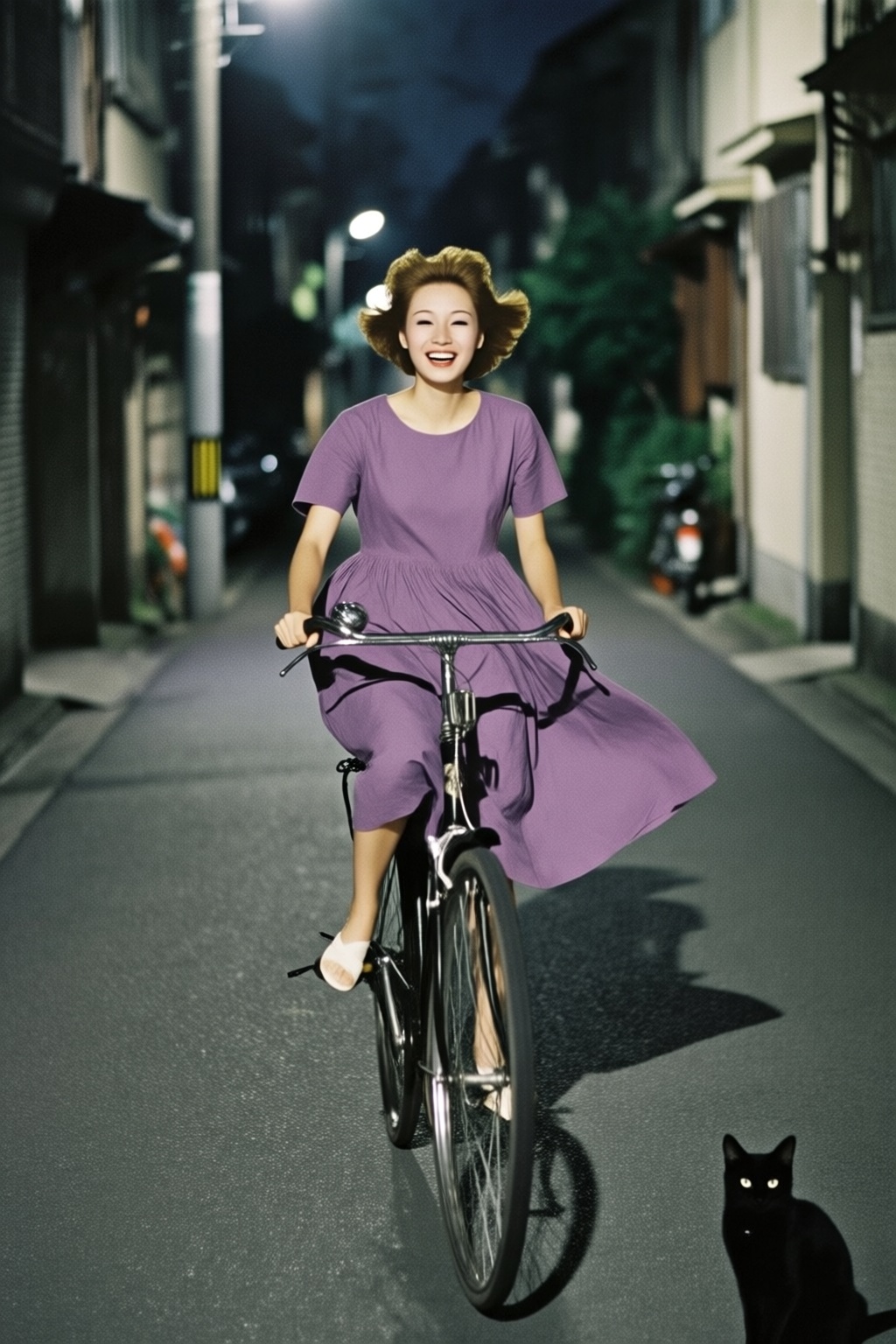 renegruau7q25.
Young Asian woman riding an old style bicycle through a narrow, quiet street at night. The happy woman wears a simple, flowing purple dress. In the corner, a small black cat with piercing eyes sits watching her quietly. The mood is tranquil and slightly magical. 