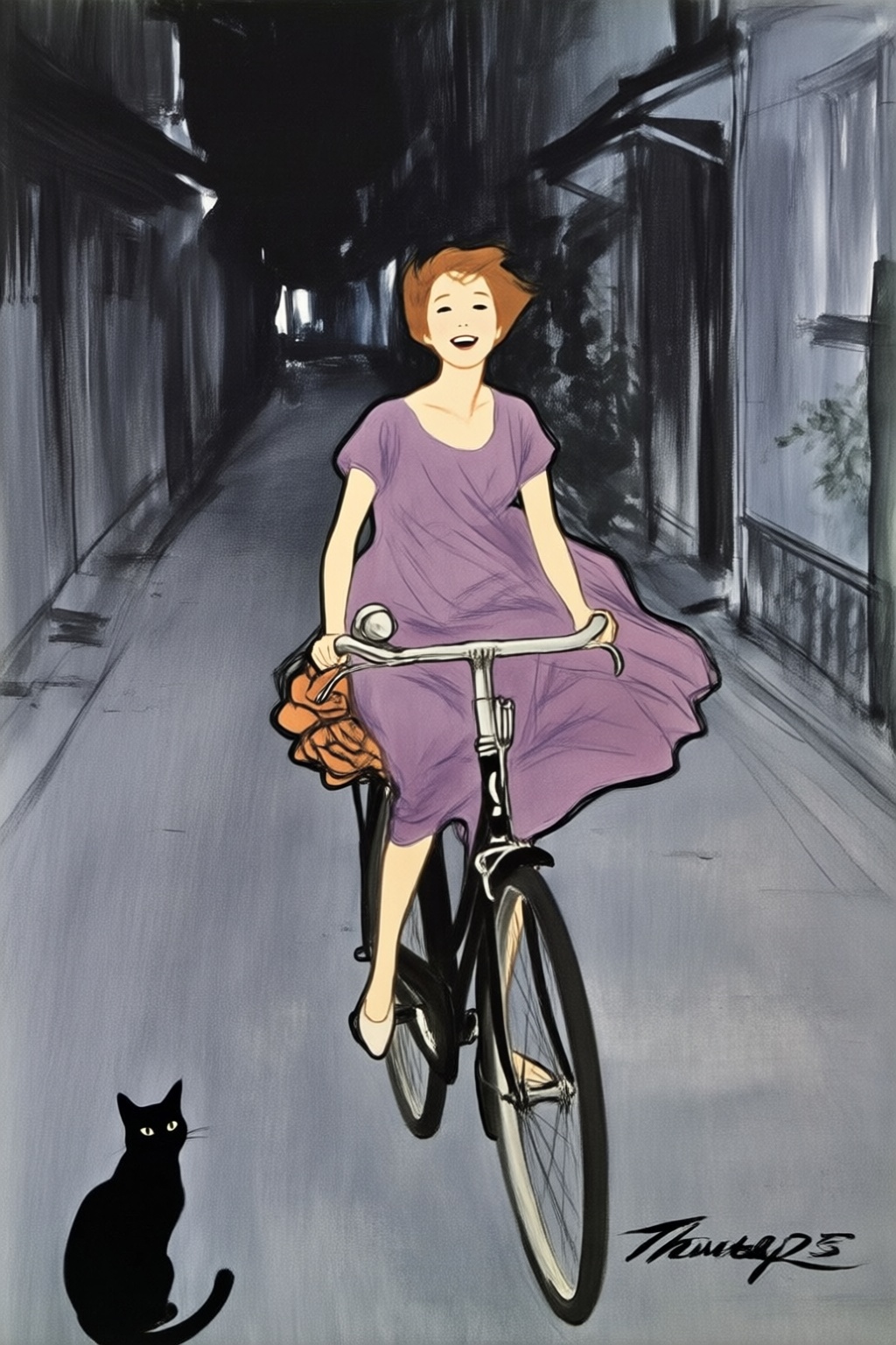 renegruau7q25 fashion illustration.  
Young Asian woman riding an old style bicycle through a narrow, quiet street at night. The happy woman wears a simple, flowing purple dress. In the corner, a small black cat with piercing eyes sits watching her quietly. The mood is tranquil and slightly magical. 