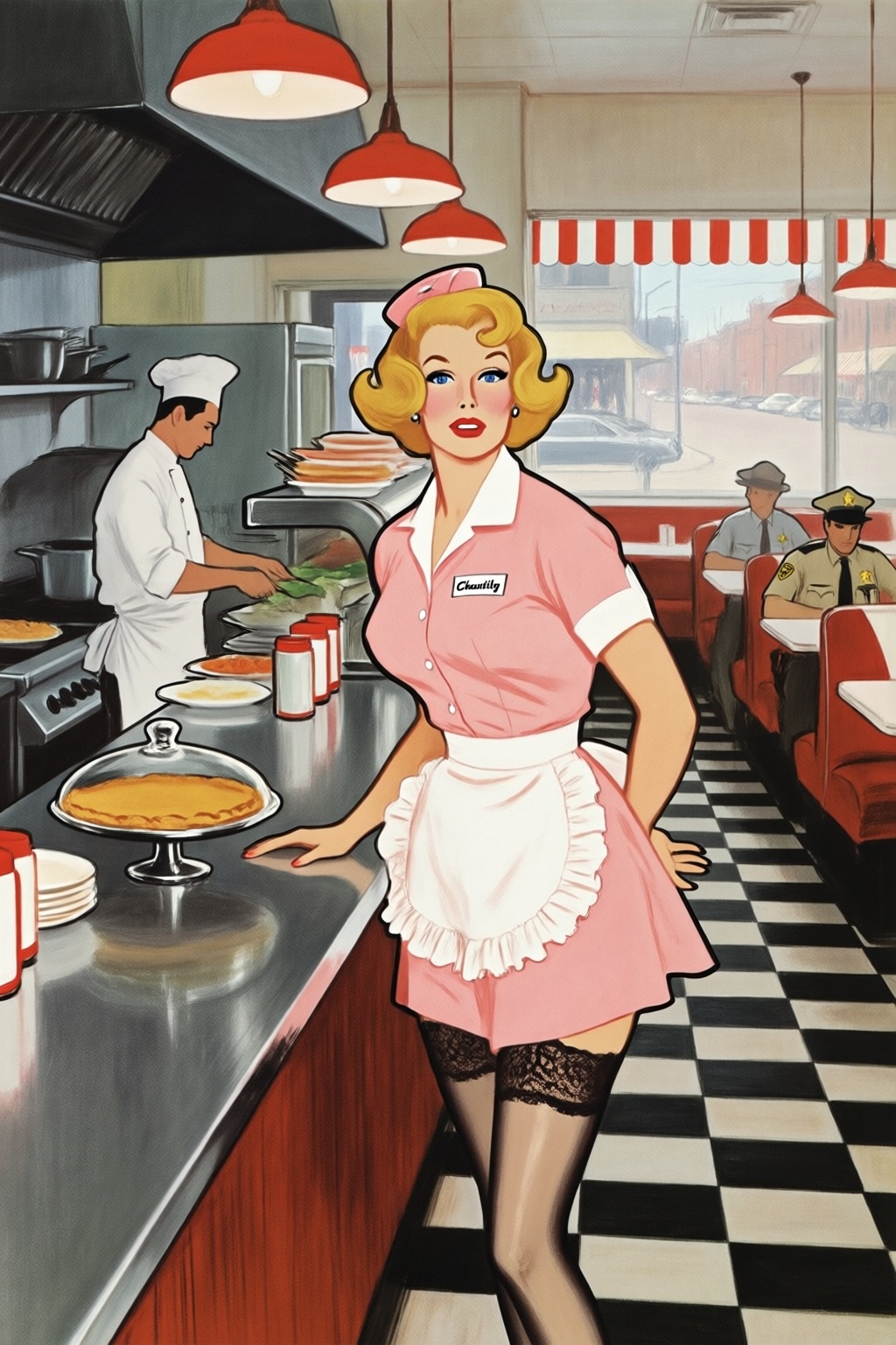 renegruau7q25.
In a bright retro diner, a voluptuous blonde woman with wavy shoulder-length hair in 1950s vintage style and blue eyes stands behind a stainless steel counter. She wears a short pink waitress uniform with a white collar, a ruffled white apron, and a matching cap, paired with dark lace-topped stockings. She looks at the viewer with her body slightly angled, resting one hand on the counter near a glass-domed pie, and one hand behind her back. She wears a name tag that says Chastity. On the left, a man in a white chefs uniform prepares food at a stove under a metal hood. In the background to the right, a man in a tan sheriffs uniform and hat sits at a booth. The setting includes a black and white checkered floor, red hanging lamps, and large windows showing a street. This eye-level medium shot captures the woman as the central figure, with the kitchen and dining area clearly visible in the background.