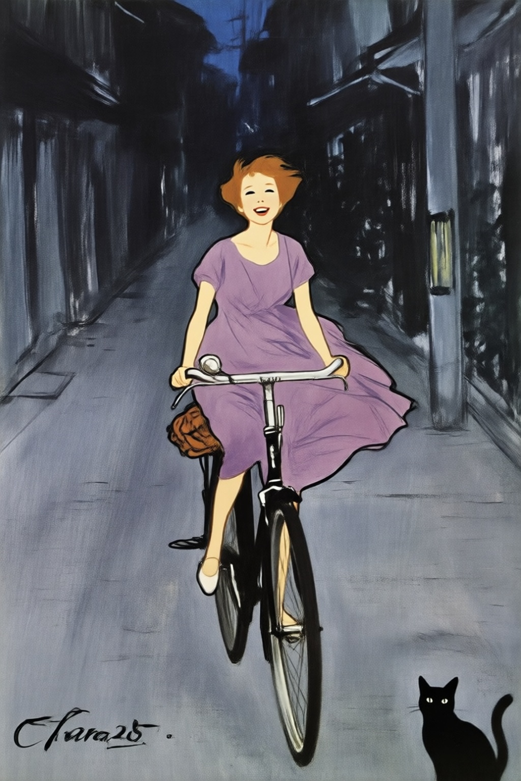 renegruau7q25 illustration.
Young Asian woman riding an old style bicycle through a narrow, quiet street at night. The happy woman wears a simple, flowing purple dress. In the corner, a small black cat with piercing eyes sits watching her quietly. The mood is tranquil and slightly magical. 