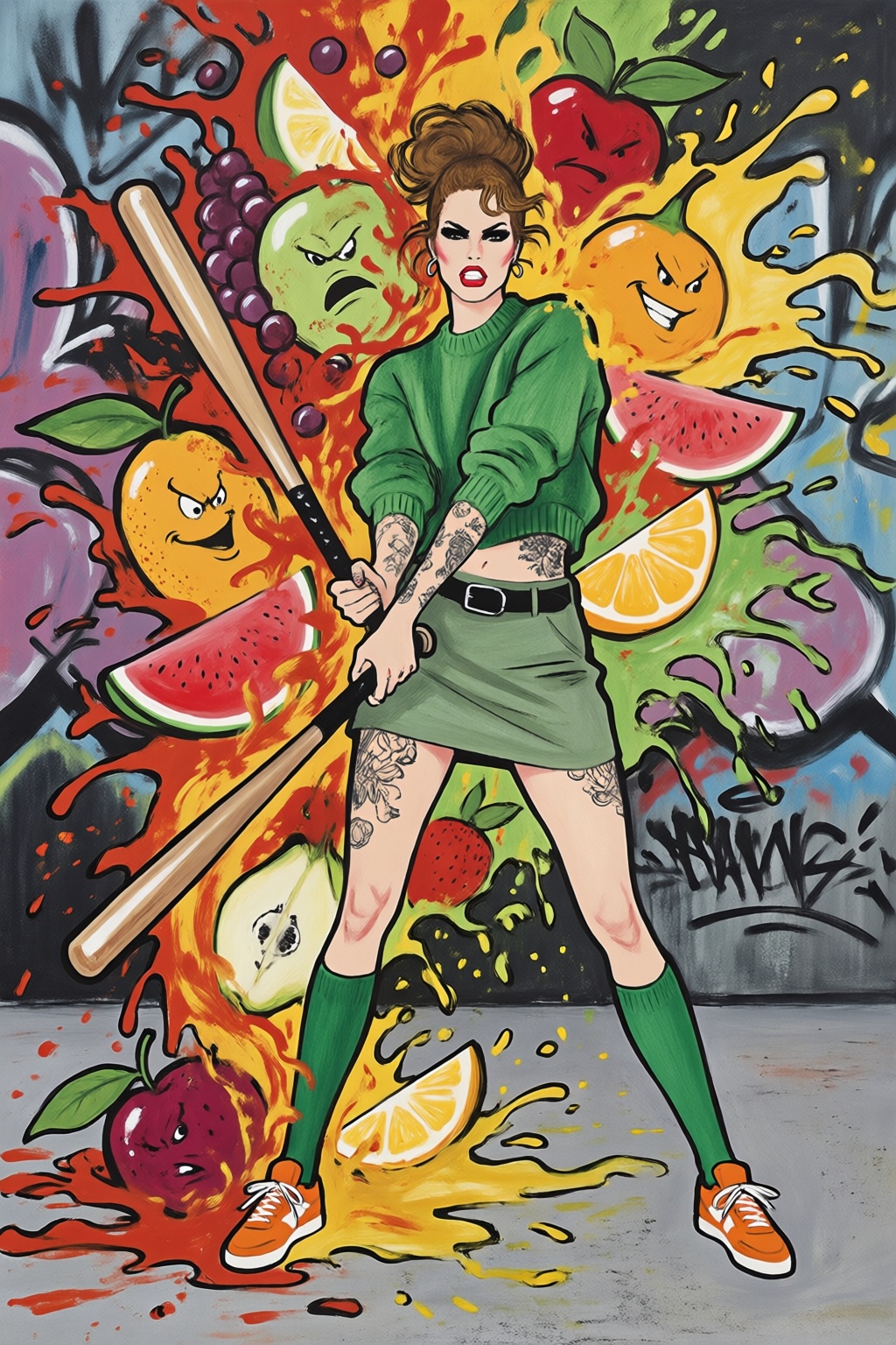 renegruau7q25 fashion illustration.  
Liquid splash, cartoonish juicy fruits chaos, dynamic pose, dynamic camera, a fashion shoot, an illustration of a woman threateningly holding a baseball bat in her hands, full body tattoo, wearing green short sweater, miniskirt, knee socks, orange sneakers, aggressive facial expression, wall with graffiti in the background, 