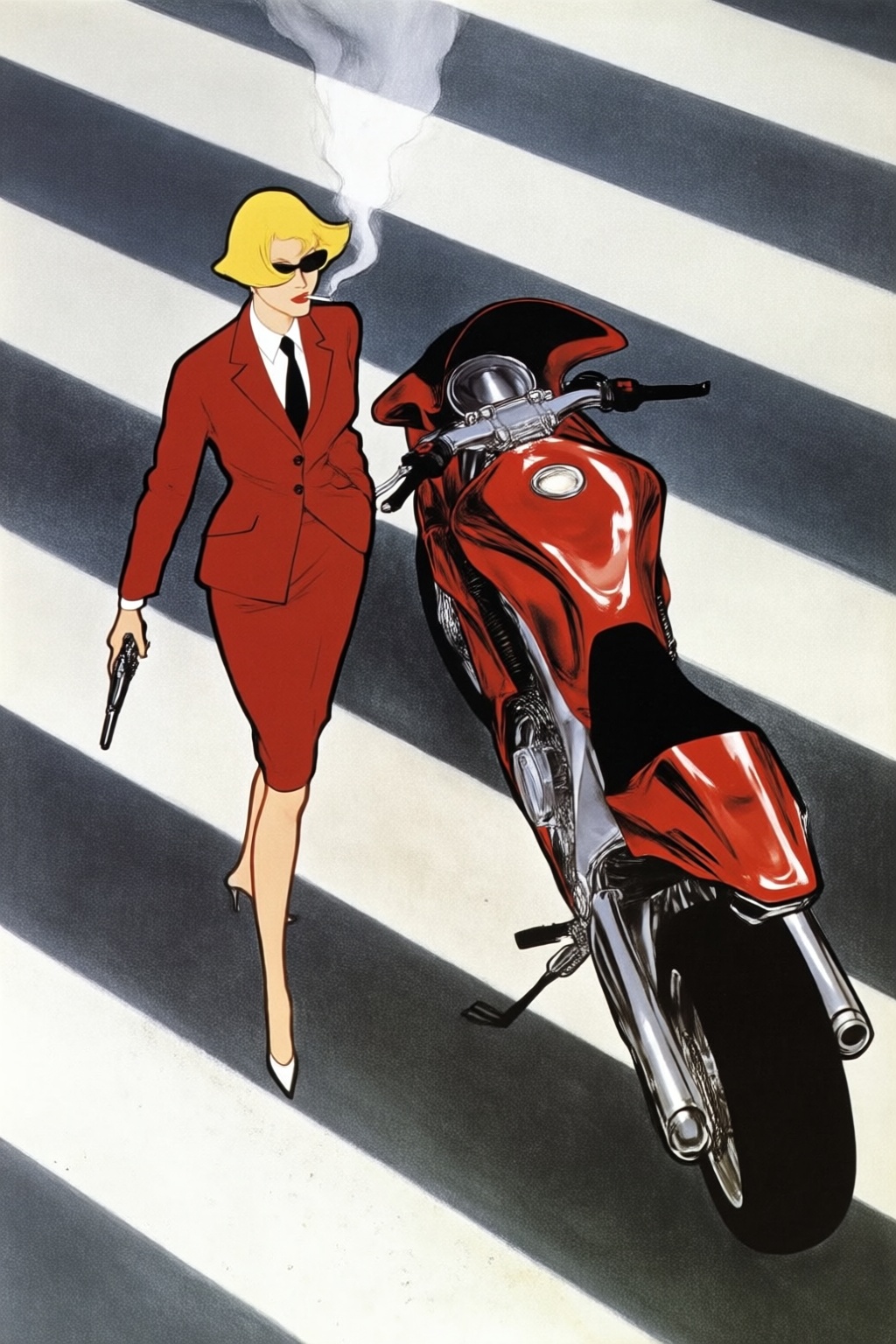 renegruau7q25.
Overhead shot of an Blonde woman walking away from a futuristic motorcycle parked at a zebra crossing. The woman has bob hair, is smoking. She wear a red business suit, white shirt, black tie, and sunglasses. She holds a gun with a confident grip. The motorcycle itself is red, sleek and metallic, with intricate designs and a futuristic vibe 