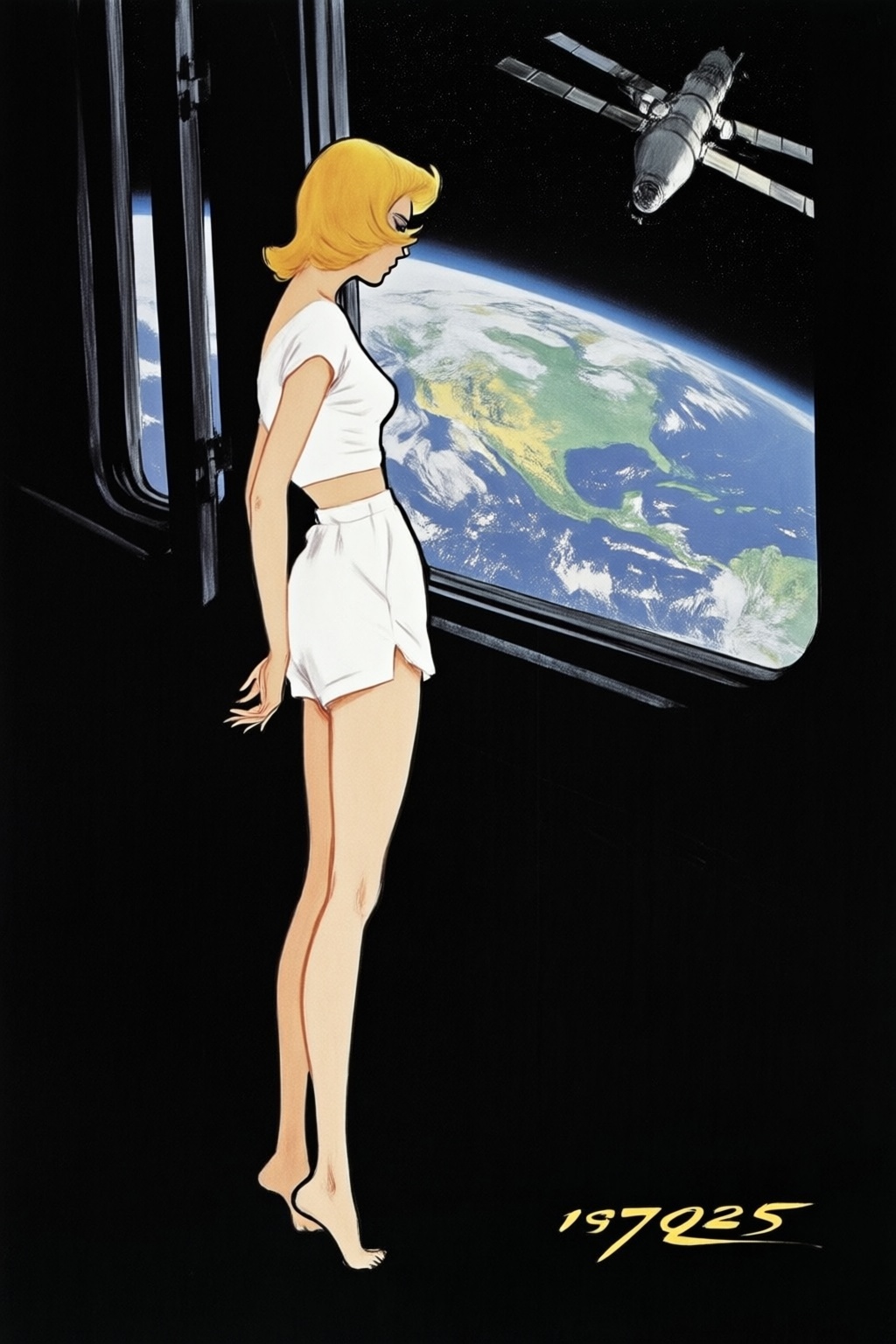 renegruau7q25 fashion illustration.  
Profile view of a blonde, floating weightless, space station. She is wearing white crop top and short shorts and barefoot, and looking outside towards earth. She is melancholic, and is thinking of her family back on earth. 