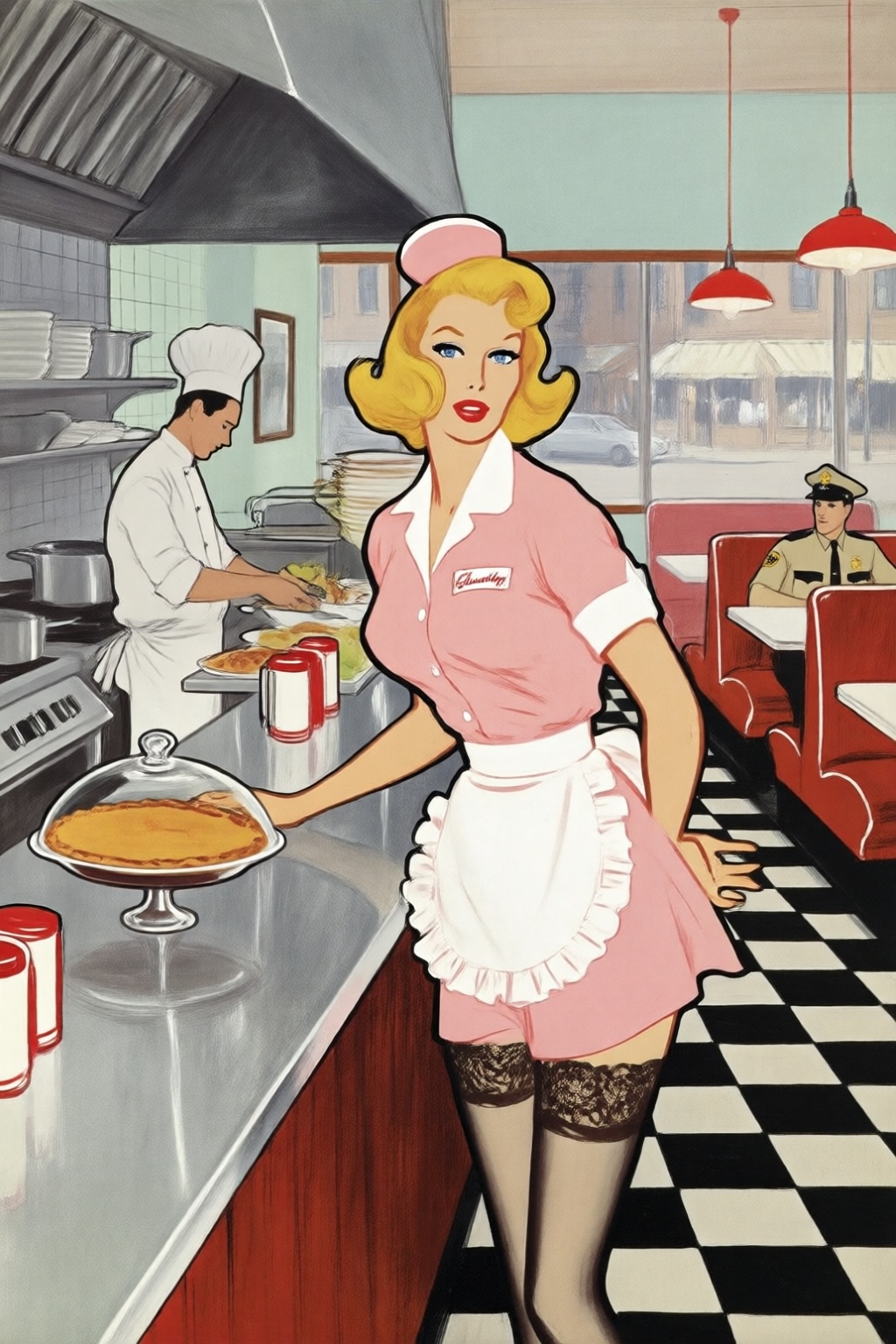renegruau7q20 fashion illustration
In a bright retro diner, a voluptuous blonde woman with wavy shoulder-length hair in 1950s vintage style and blue eyes stands behind a stainless steel counter. She wears a short pink waitress uniform with a white collar, a ruffled white apron, and a matching cap, paired with dark lace-topped stockings. She looks at the viewer with her body slightly angled, resting one hand on the counter near a glass-domed pie, and one hand behind her back. She wears a name tag that says Chastity. On the left, a man in a white chefs uniform prepares food at a stove under a metal hood. In the background to the right, a man in a tan sheriffs uniform and hat sits at a booth. The setting includes a black and white checkered floor, red hanging lamps, and large windows showing a street. This eye-level medium shot captures the woman as the central figure, with the kitchen and dining area clearly visible in the background.